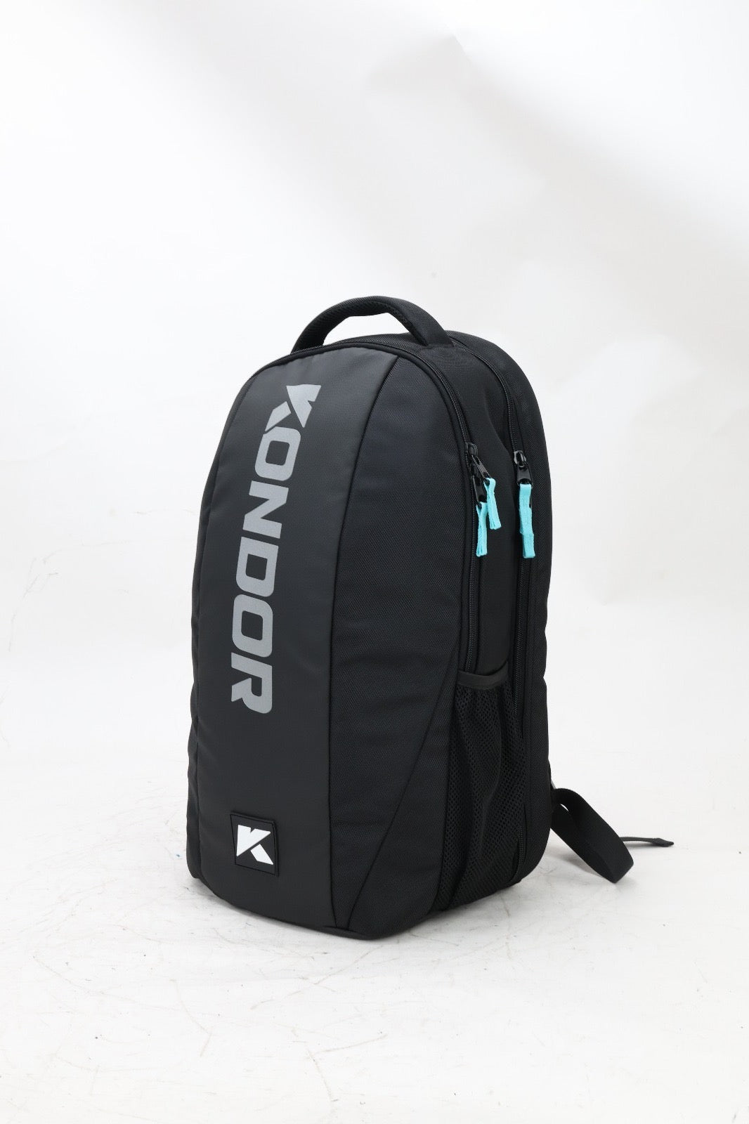 Black backpack with light blue zipper pulls.
