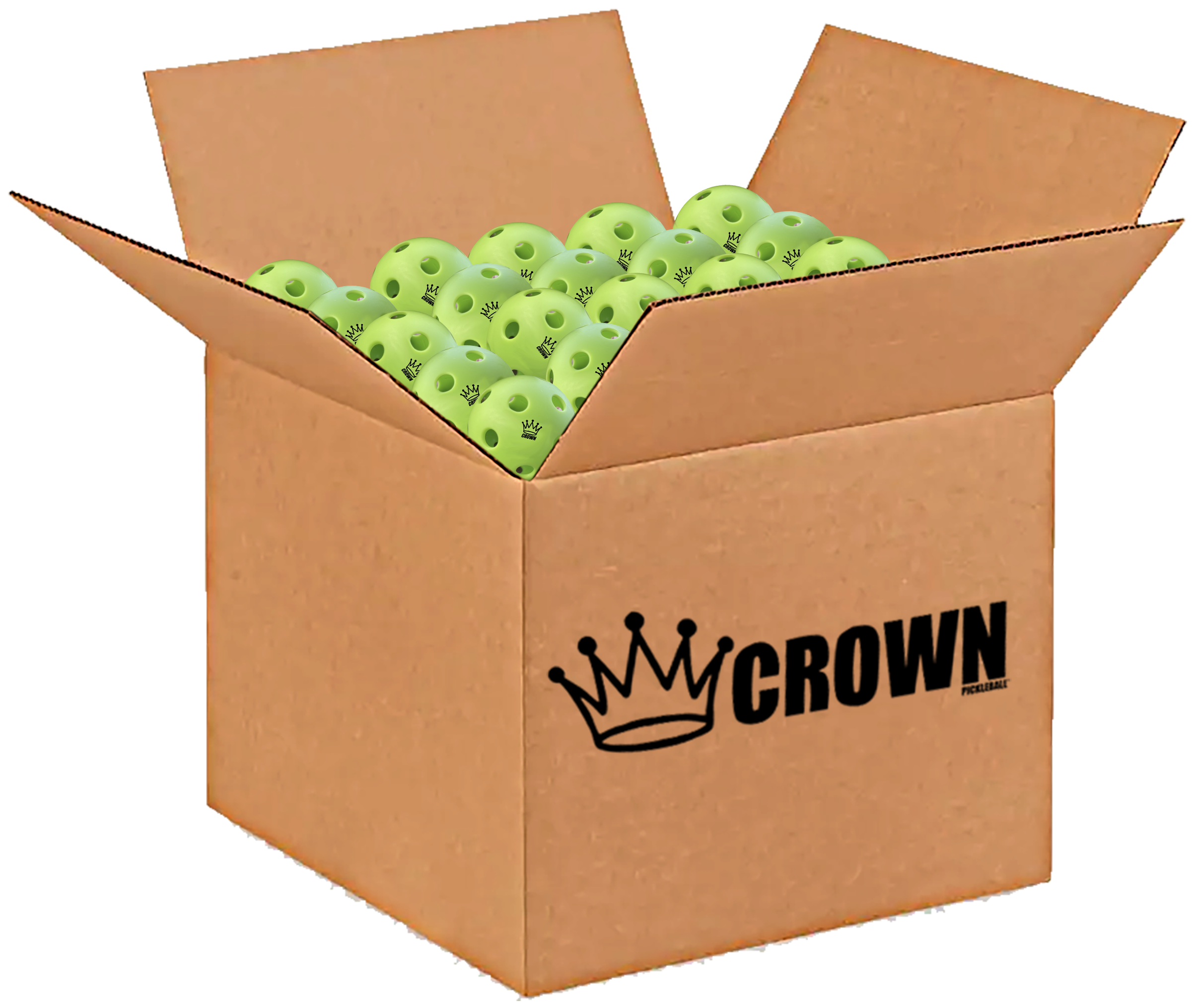 Open cardboard box filled with green pickleballs.