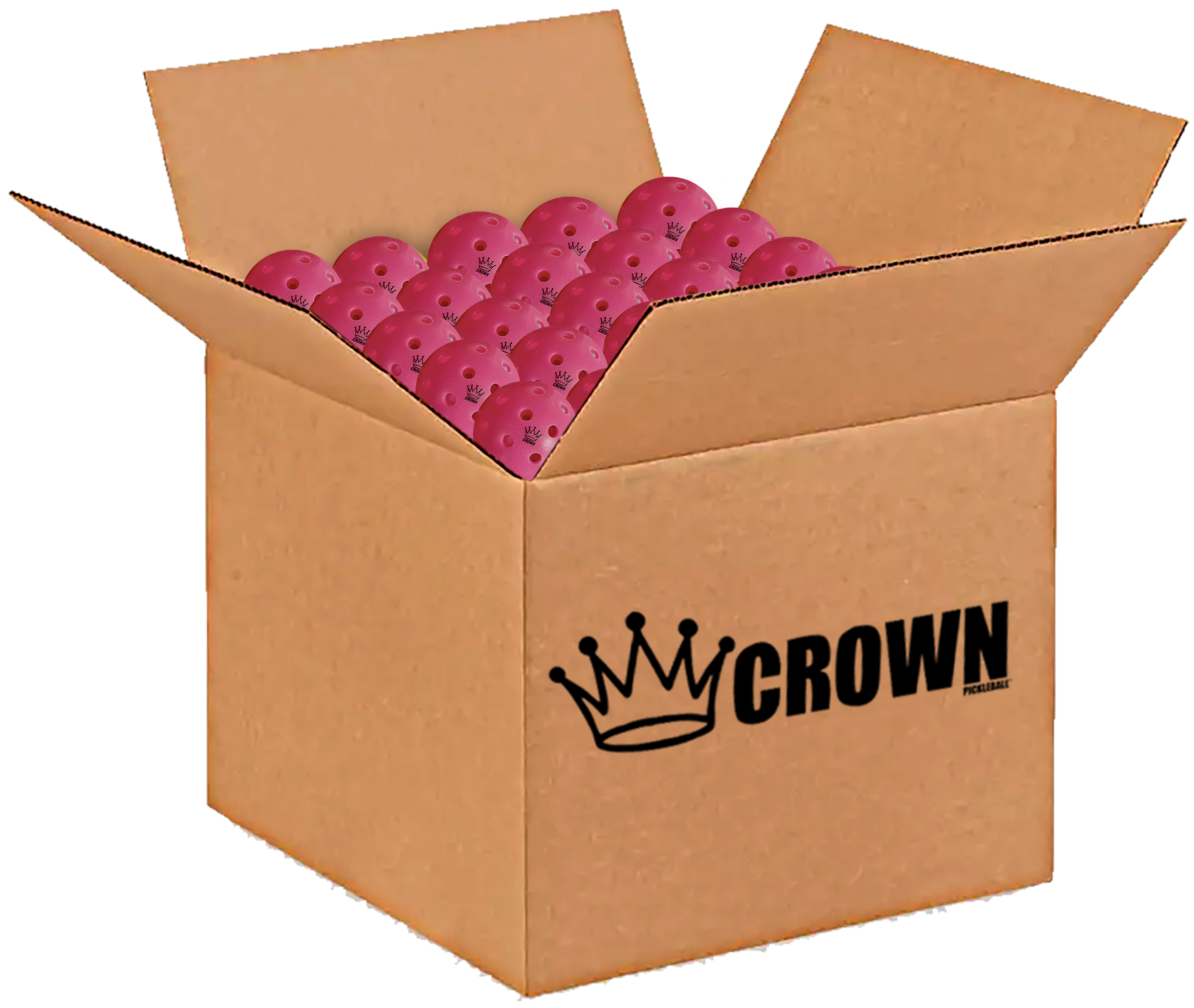 Open cardboard box filled with pink pickleballs, "Crown Pickleball" logo.