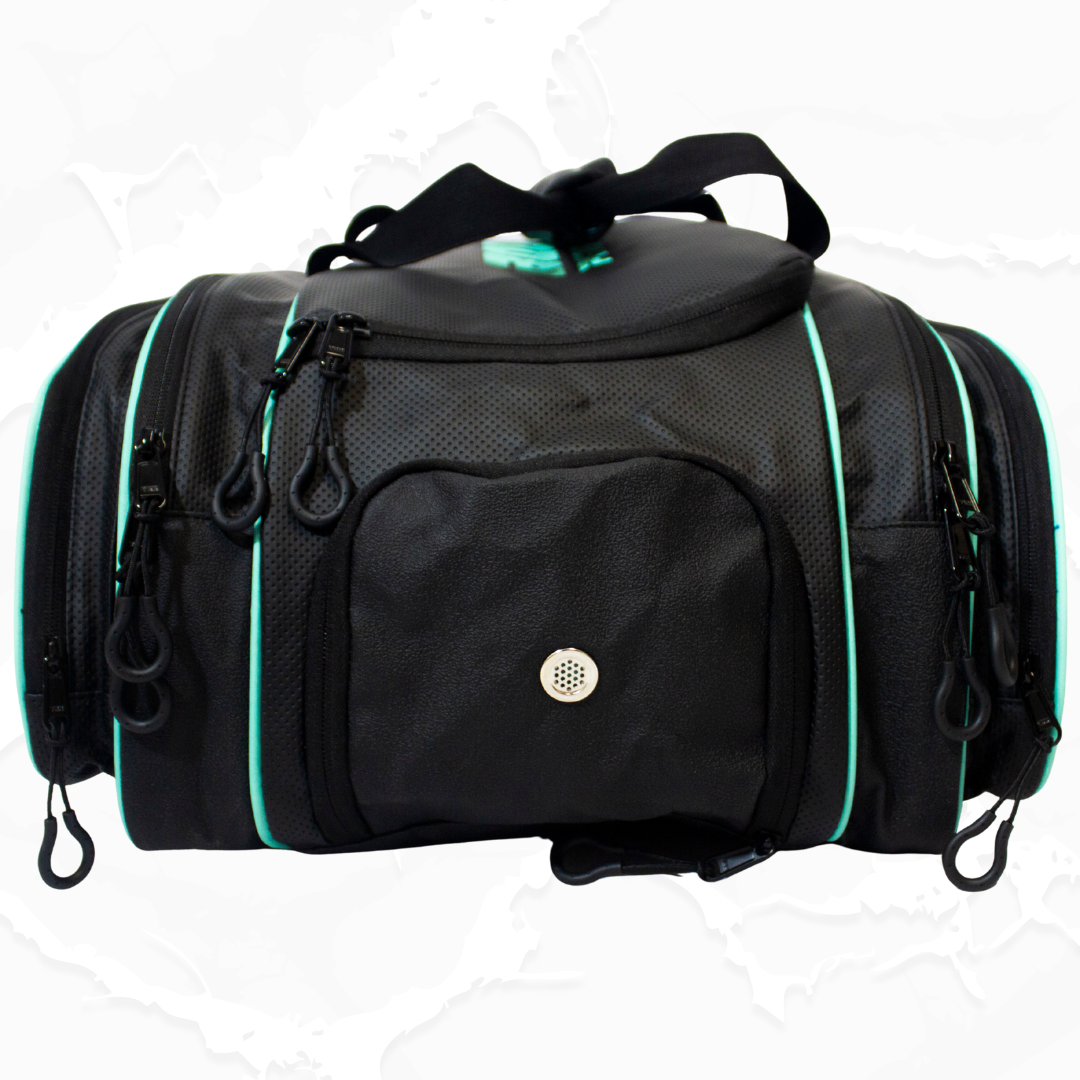 Black duffle bag with teal trim by Bodhi Pickleball, featuring a perforated texture and front pocket with silver vent.