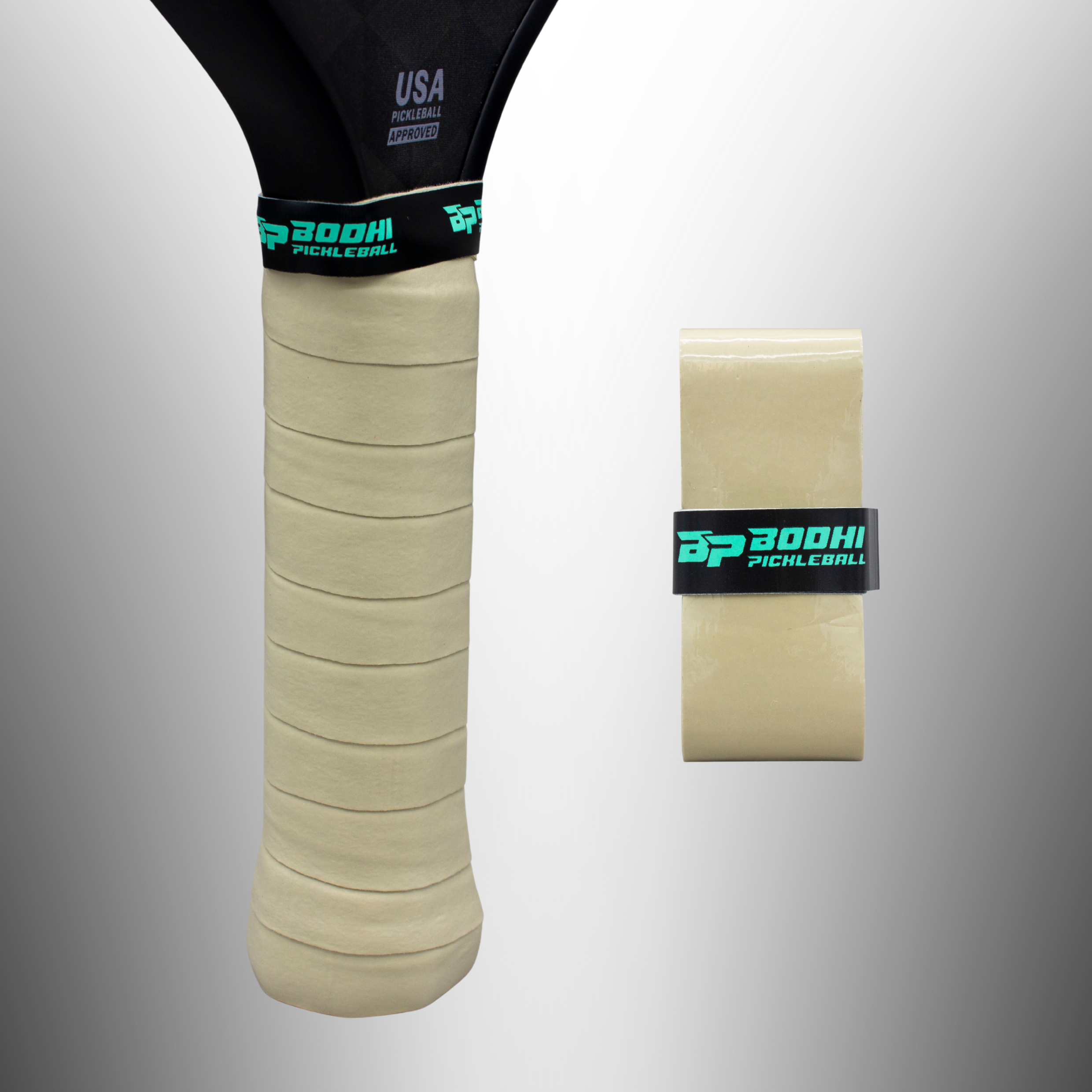 Beige textured PROtack Overgrips by Bodhi Pickleball, one on a pickleball paddle handle, another rolled, both with branded bands.