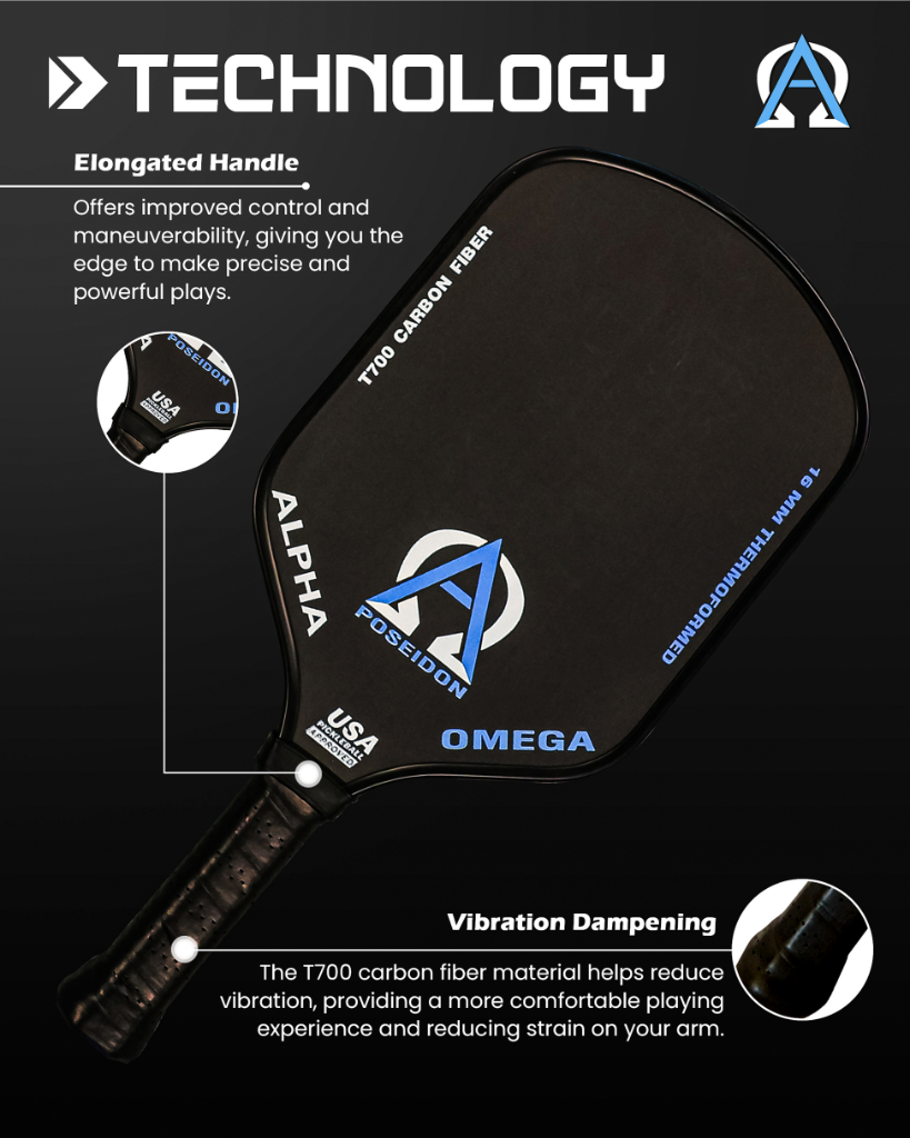 Black and blue Poseidon pickleball paddle.
