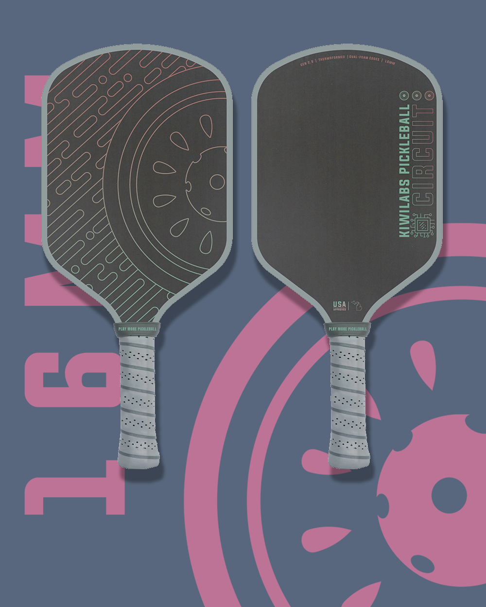 Two Kiwilabs Pickleball Circuit paddles, one with a pink design, against a teal and pink background.
