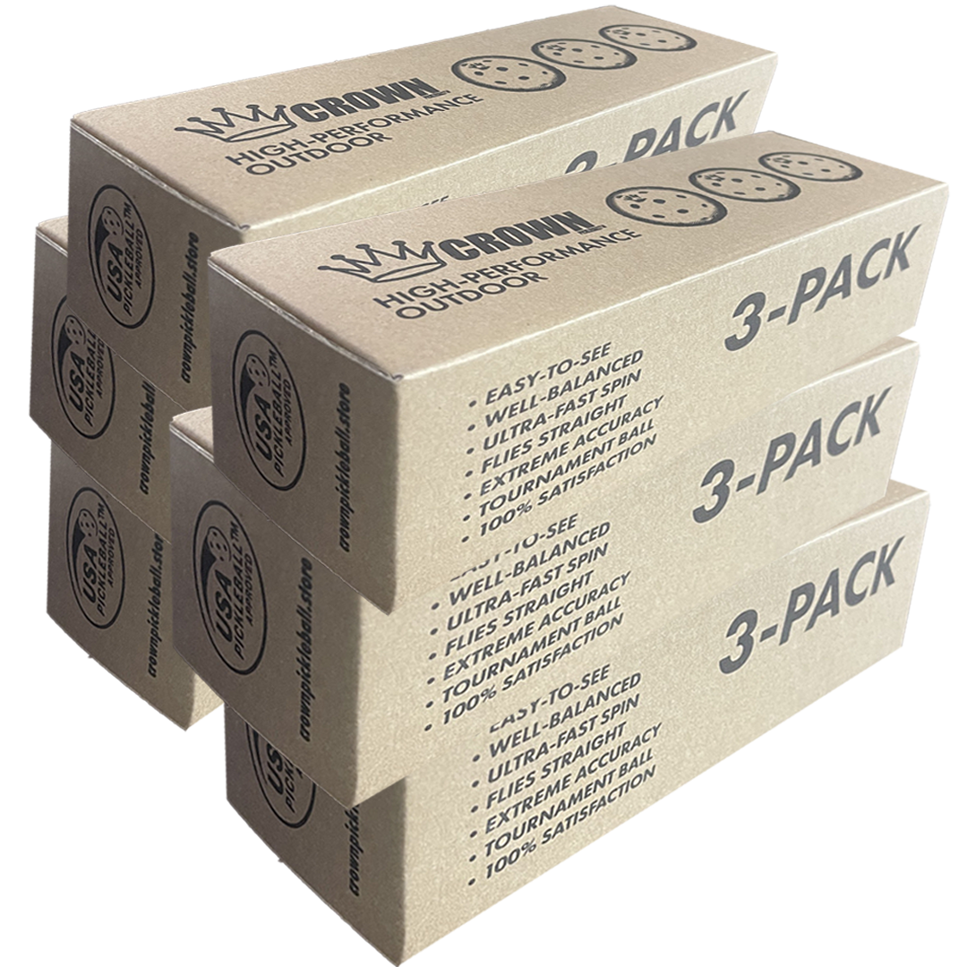 Three stacked boxes of Crown High-Performance Outdoor Pickleballs, each containing a 3-pack.