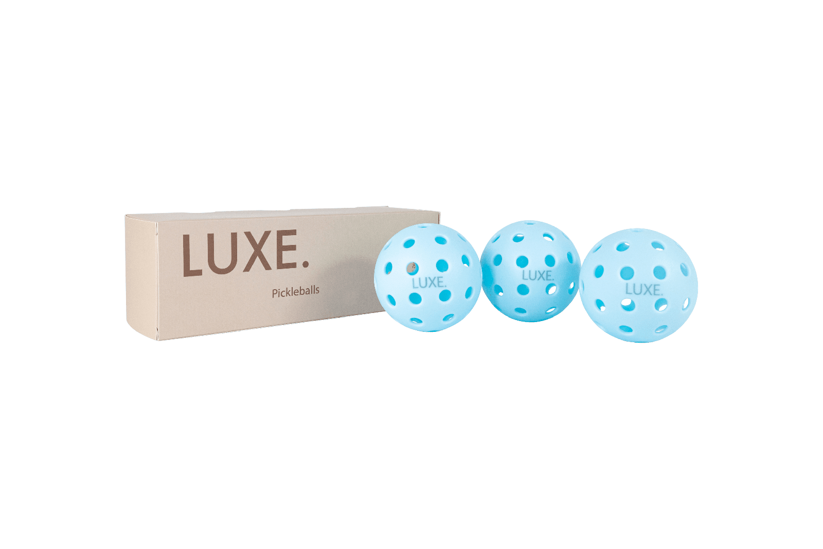 Box of Luxe pickleballs with three light blue pickleballs.