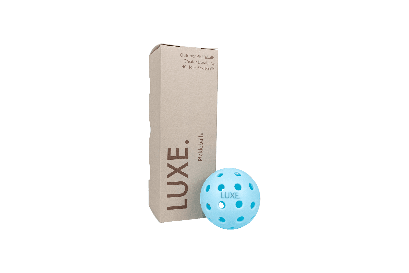 A box of Luxe brand pickleballs next to a blue pickleball.