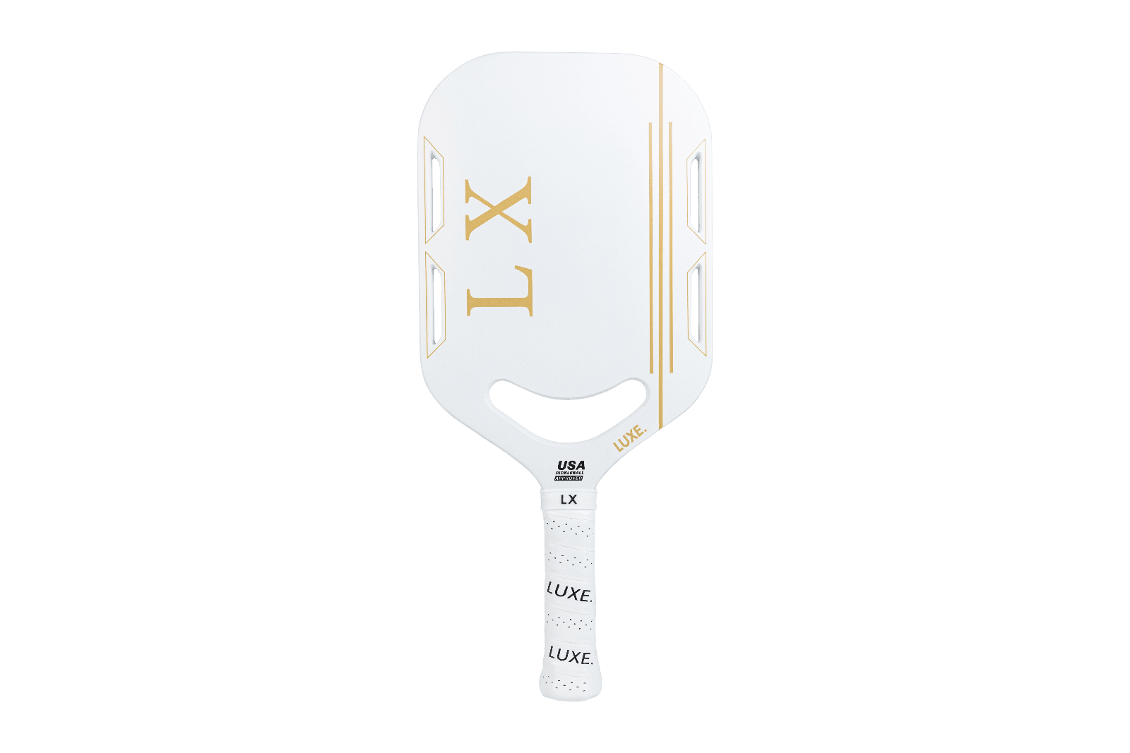 White Luxe pickleball paddle with gold accents.