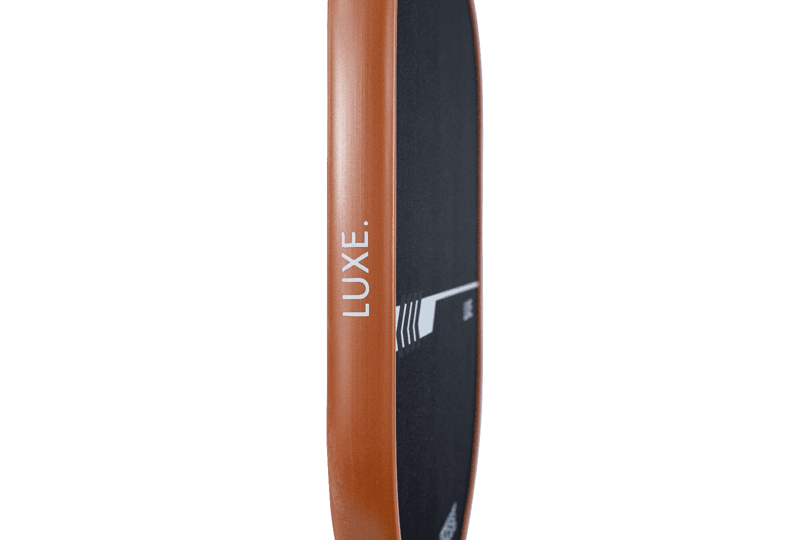 Close-up side view of an orange Luxe branded product.