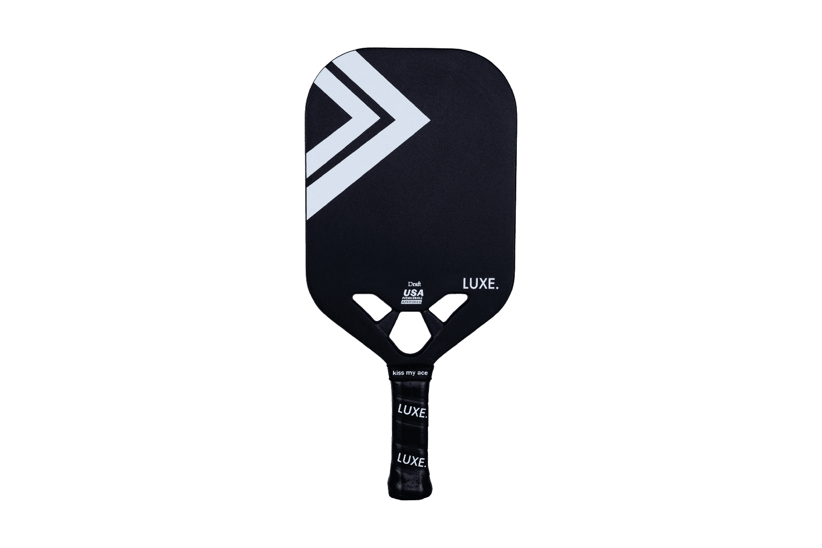 Black Luxe pickleball paddle with white chevron stripes.