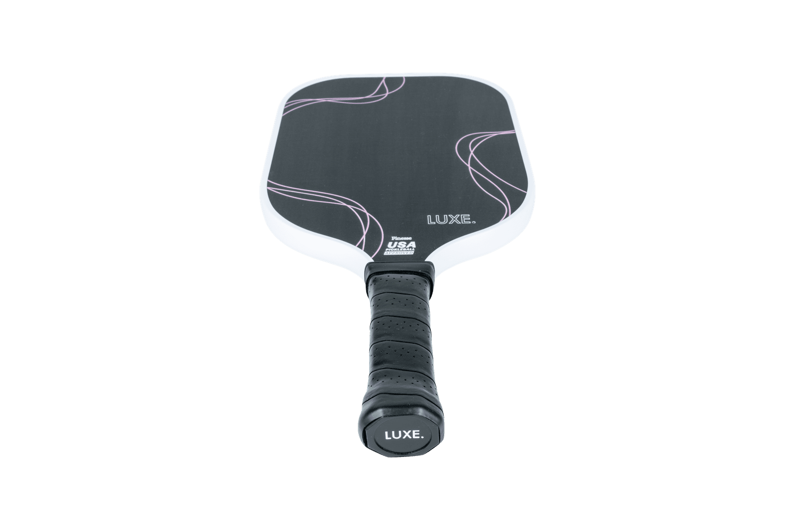 Black and white pickleball paddle by LUXE Pickleball, featuring pink wavy lines and "Finesse USA Pickleball Approved" text.