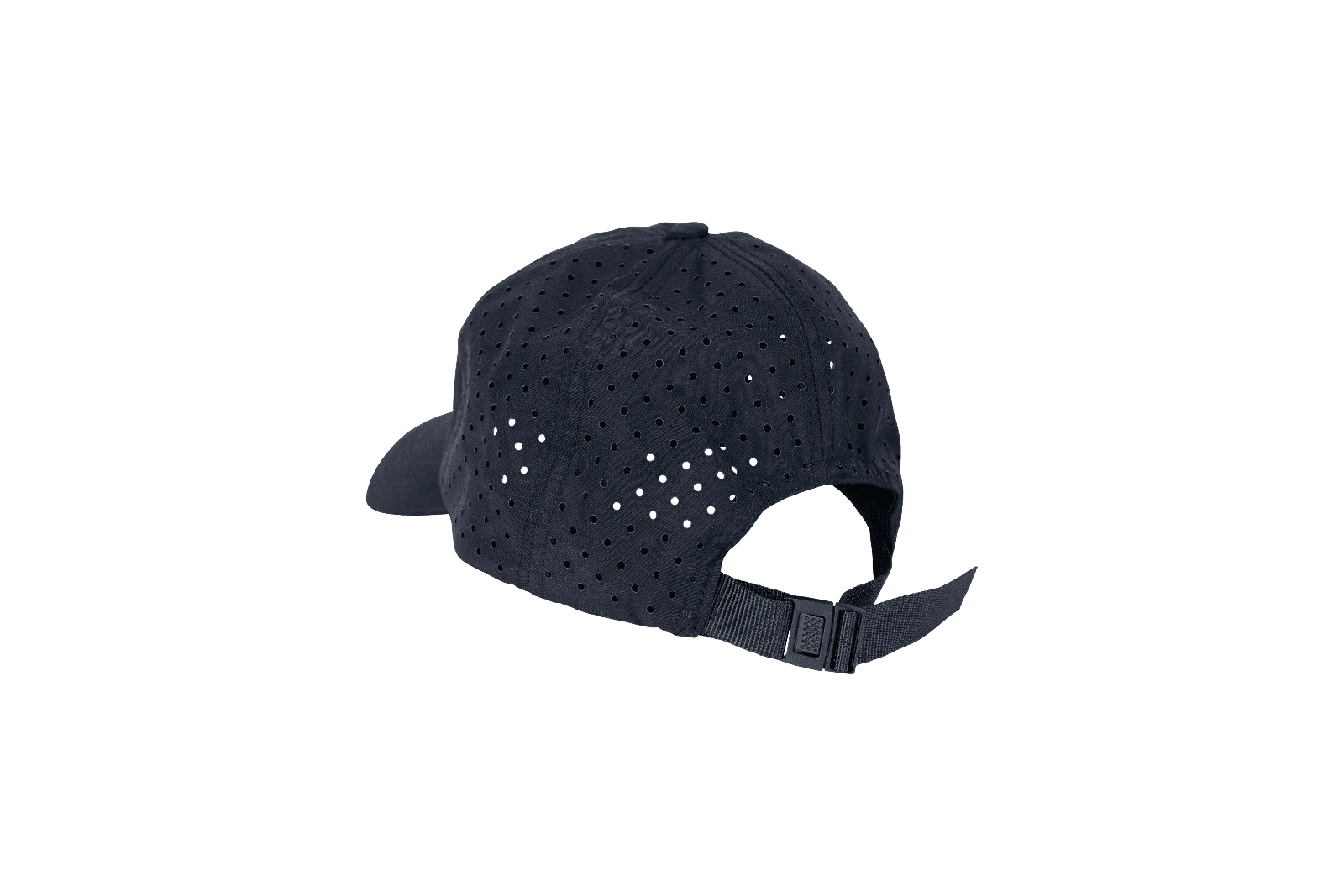 Navy blue perforated baseball cap, back view.