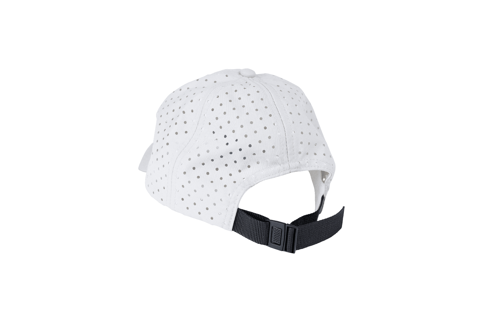 White, perforated hat with black adjustment strap.
