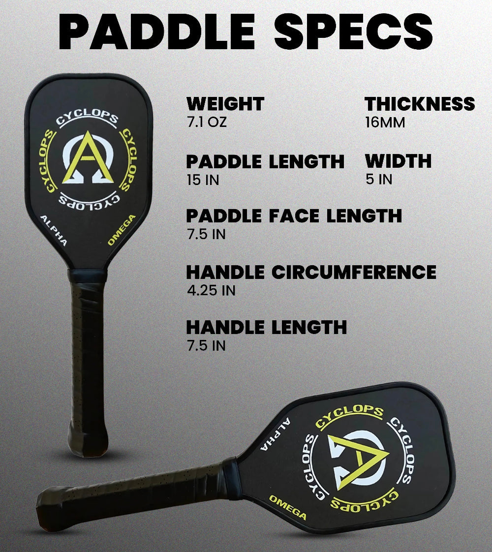 Two black pickleball paddles with paddle specs listed.