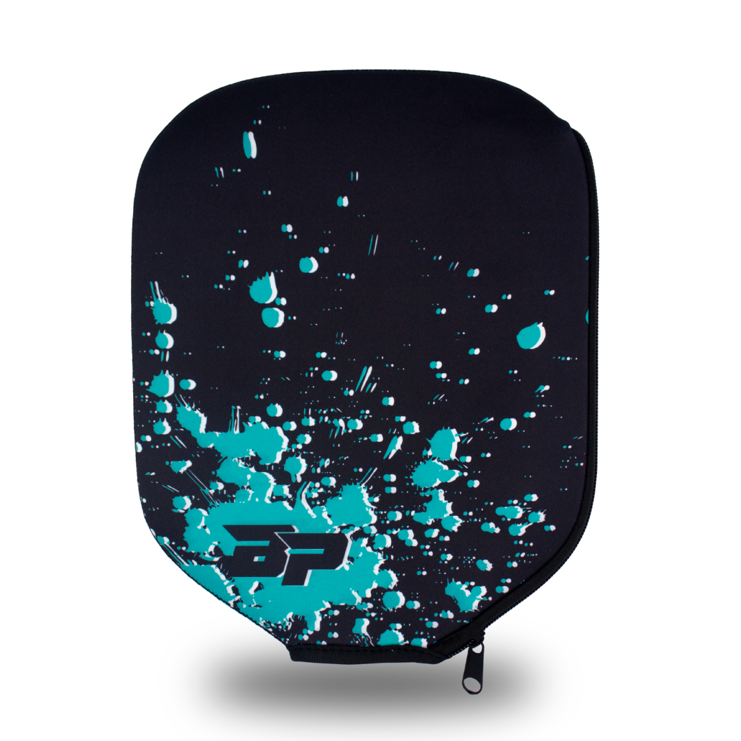 Black paddle cover by Bodhi Performance with a teal splatter paint design and a "BP" logo, featuring a zipper.