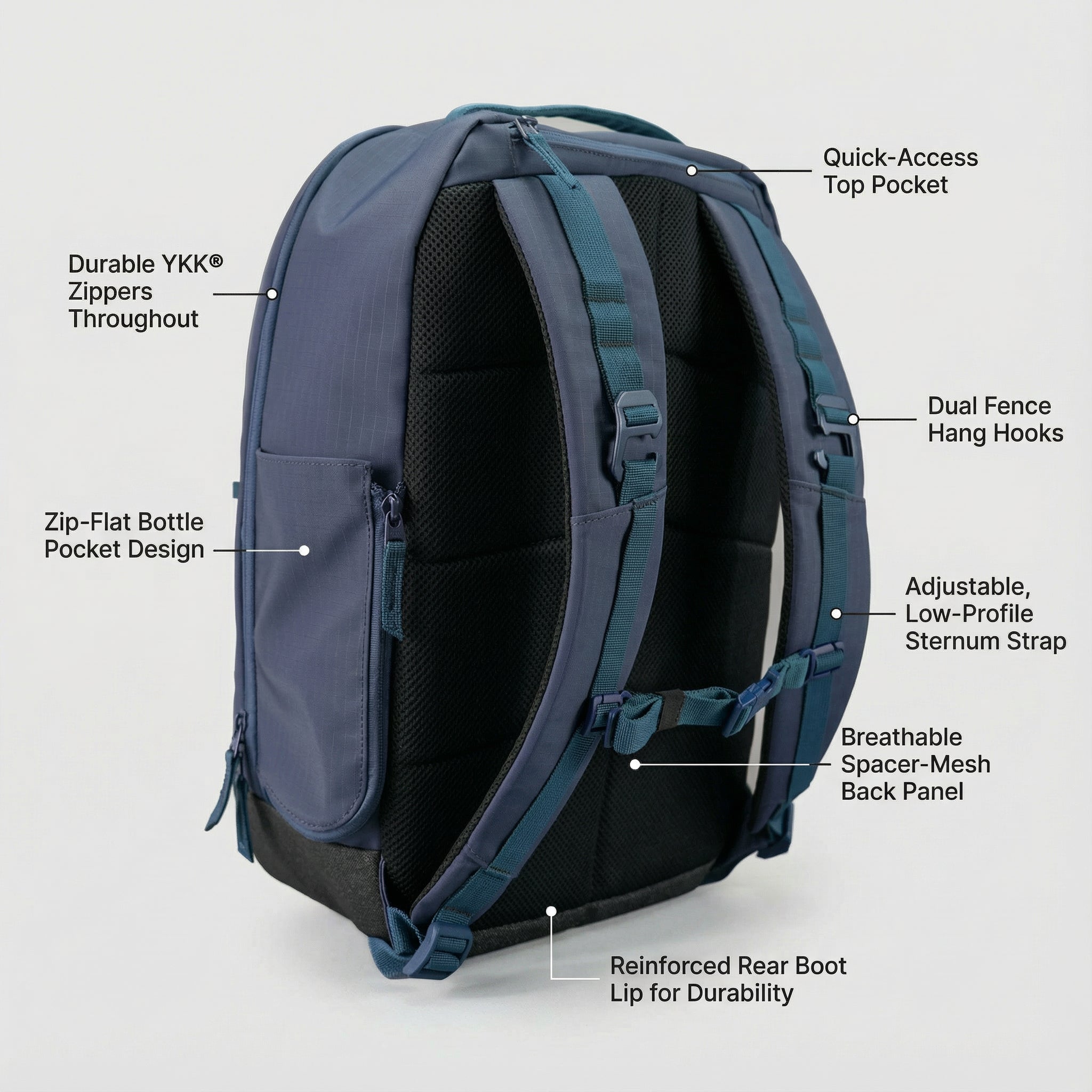 Navy blue pickleball backpack by FORWRD, featuring breathable mesh back panel, quick-access top pocket, and adjustable sternum strap.