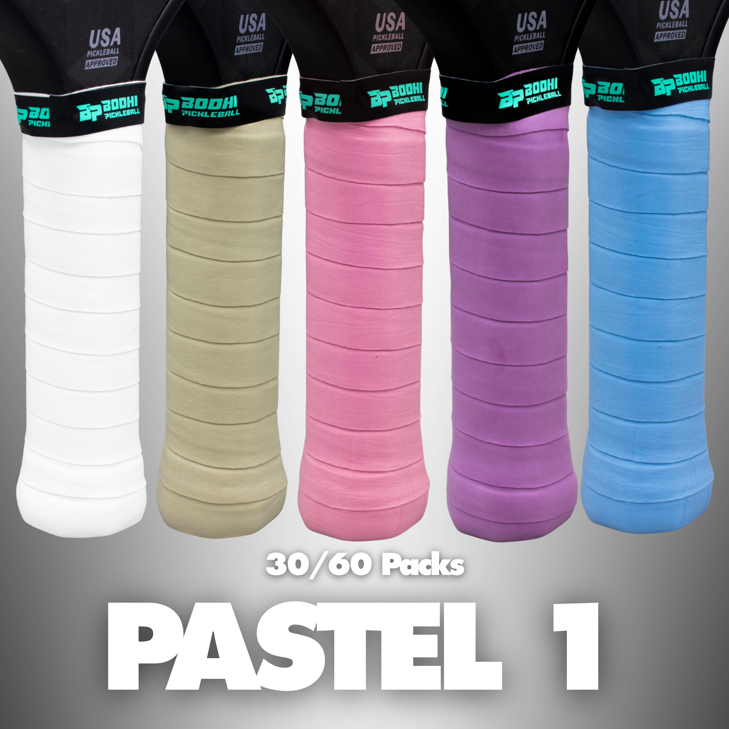 Five PROtack pickleball overgrips by Bodhi Pickleball, in five pastel colors: white, tan, pink, purple, and blue, with a ribbed texture and brand logo.