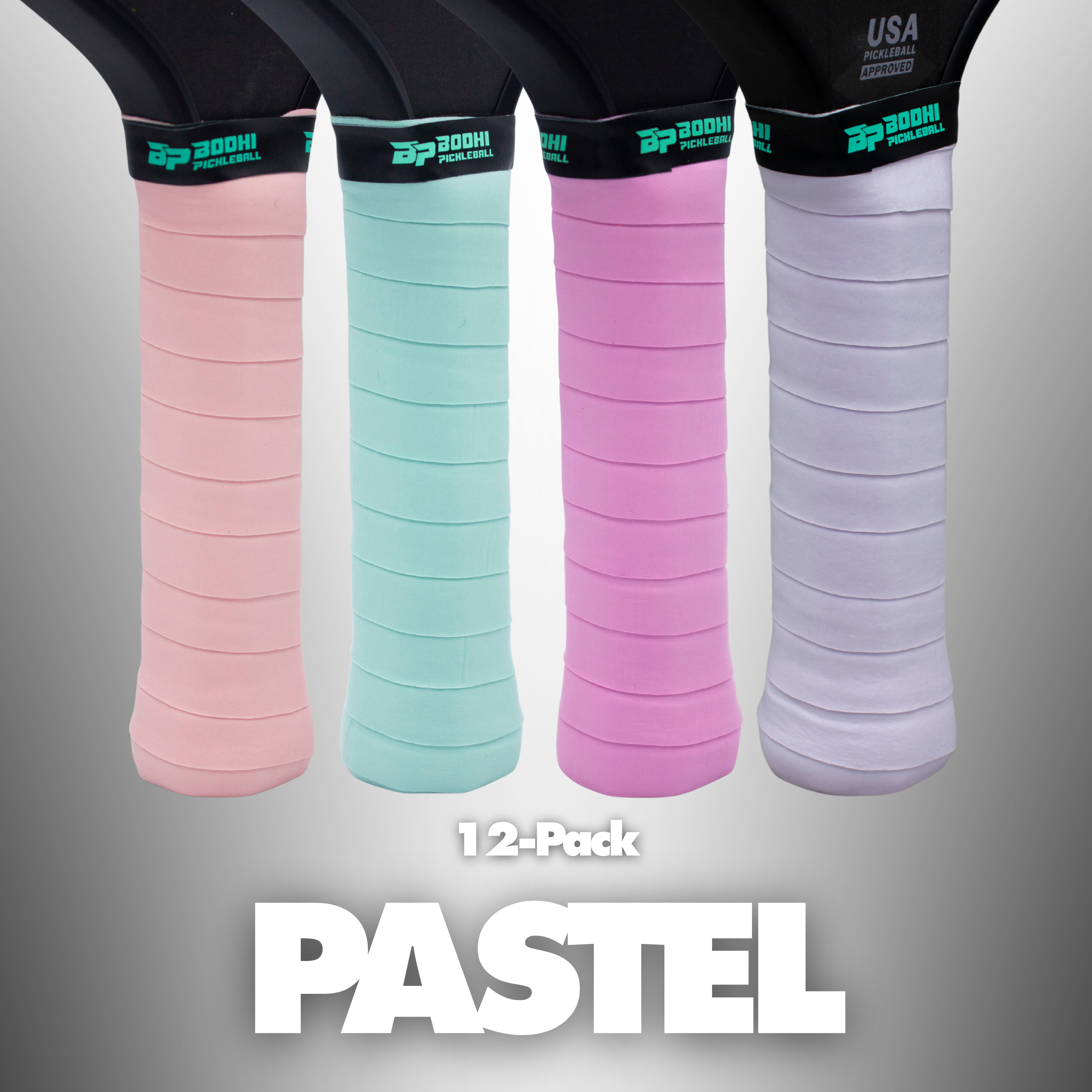 Pastel ribbed PROtack overgrips by Bodhi Pickleball, a 12-pack in pink, mint green, lavender, and purple.