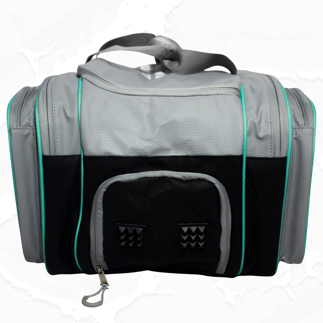 Grey and black duffle bag by Bodhi Pickleball with teal piping, perforated texture, and a front pocket with chevron details.