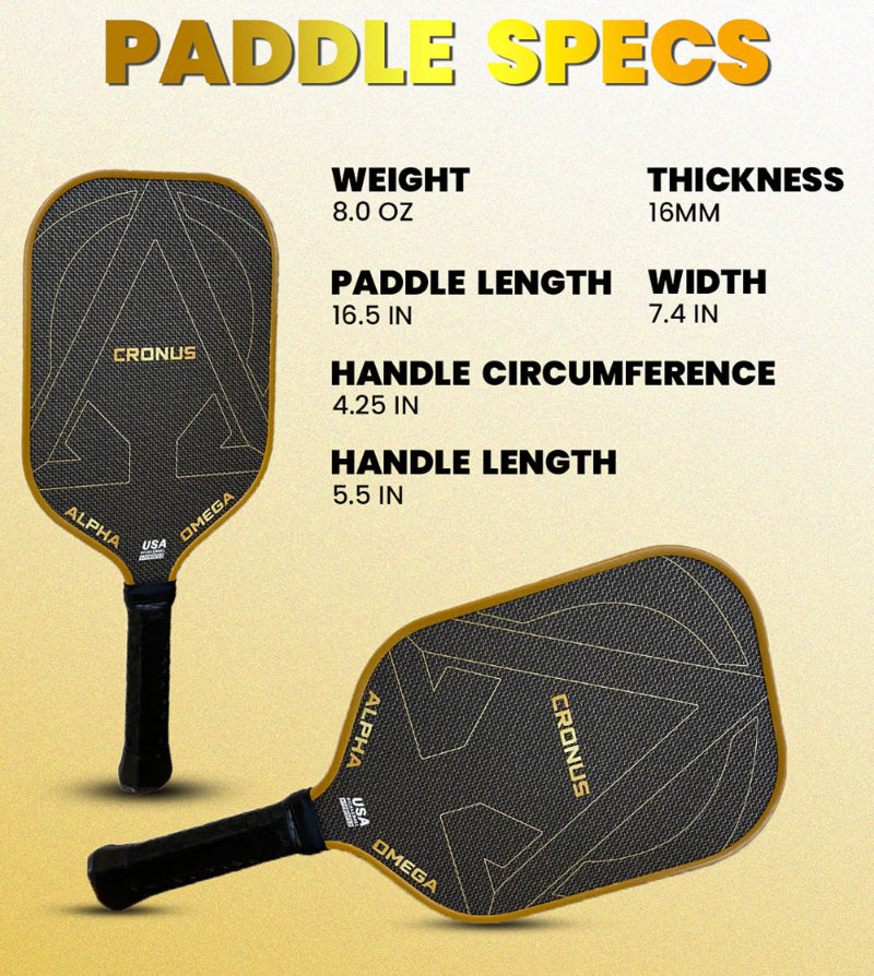 Two black and gold pickleball paddles with paddle specs displayed on a tan background.