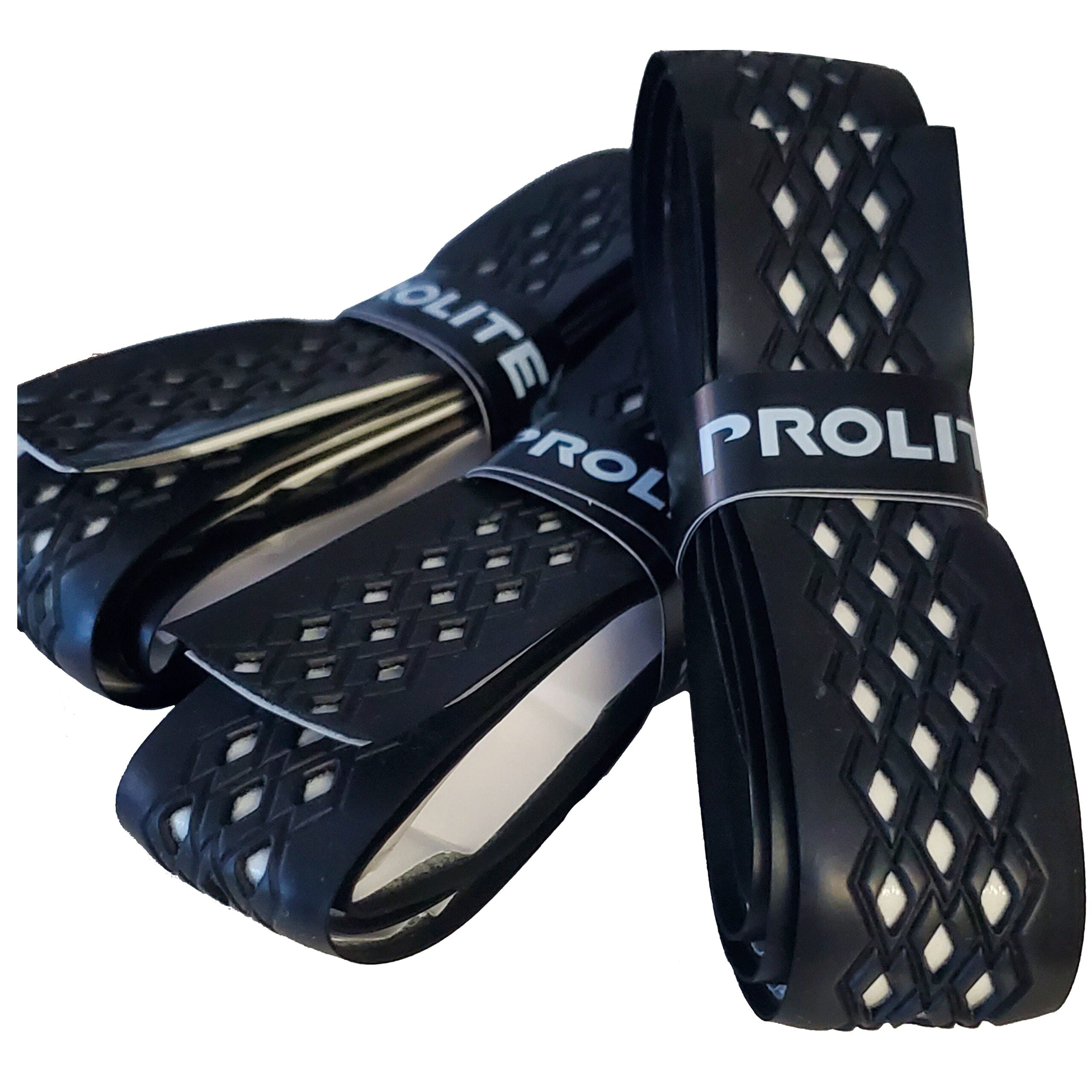 Bundled black textured racquet grips with white labeling.