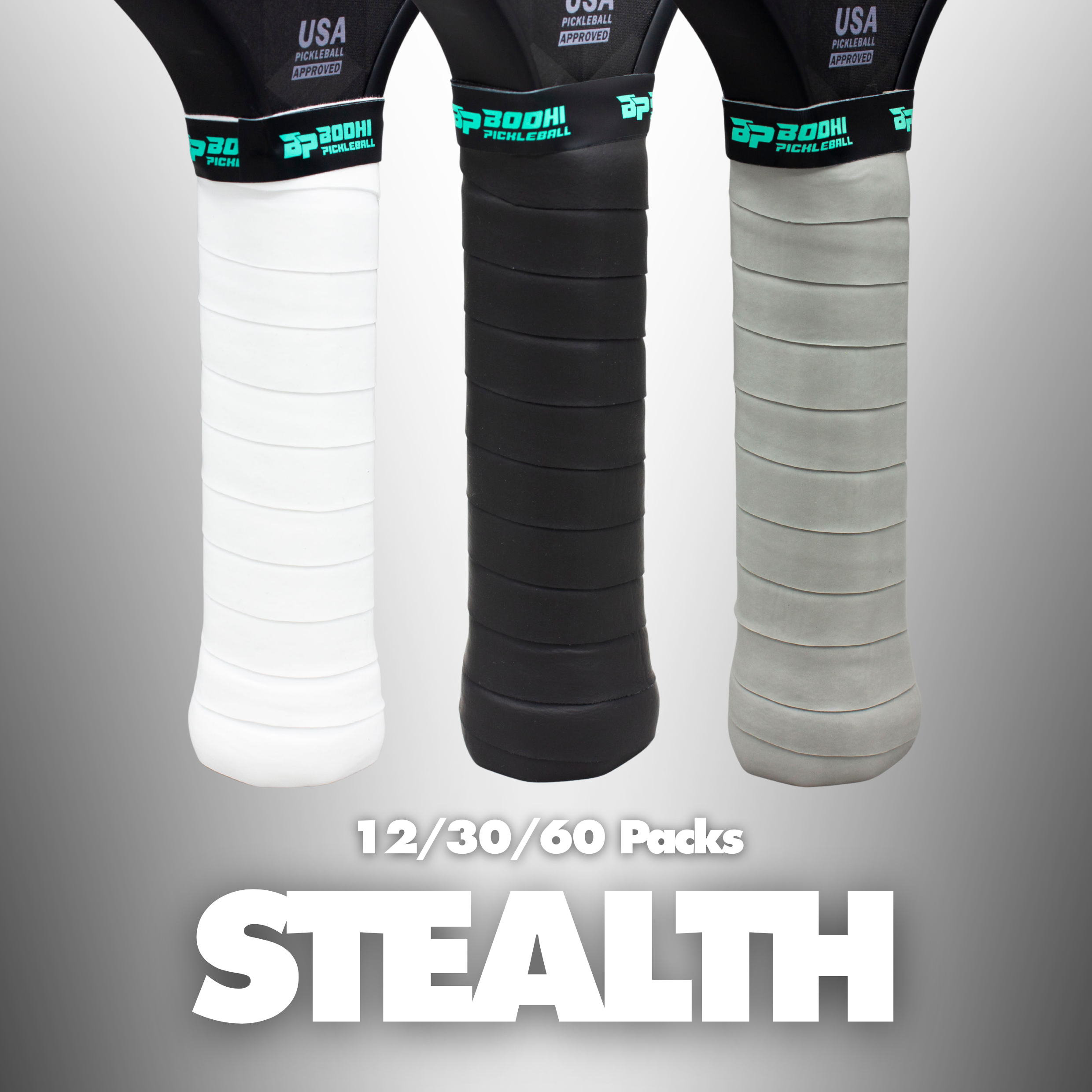 Three white, black, and gray pickleball paddle overgrips by Bodhi Pickleball, featuring a wrapped, textured design.