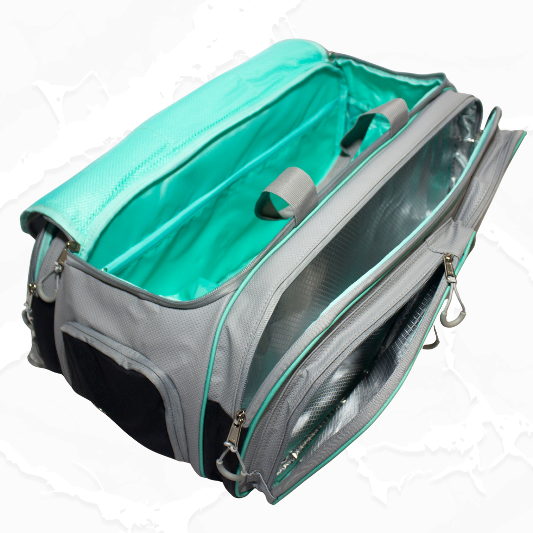Grey and black duffle bag by Bodhi Pickleball, open, revealing multiple compartments with teal and insulated silver linings.