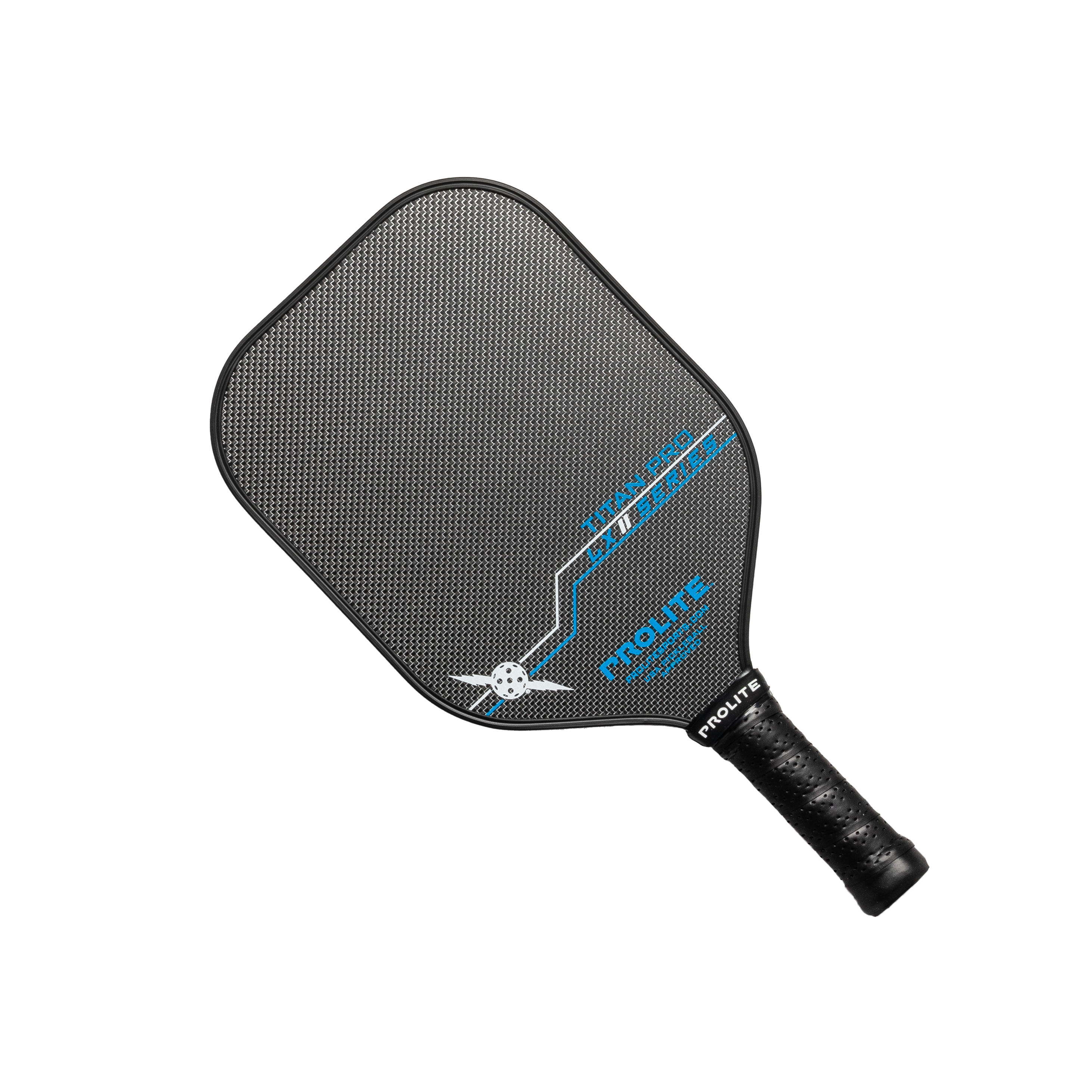 Black and gray pickleball paddle with blue text.