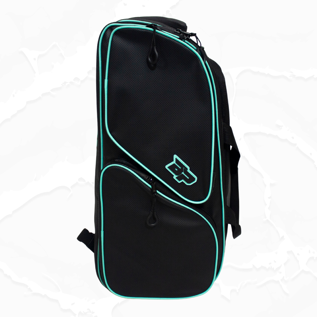 Black duffle bag by Bodhi Pickleball with bright teal trim, "BP" logo, and textured surface.