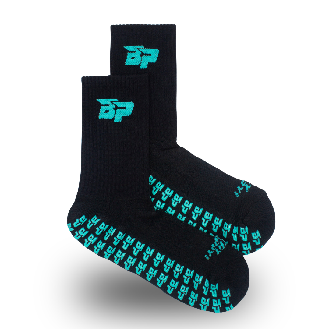 Black Performance Socks by Bodhi Performance with teal BP logos and grip pattern on the soles.