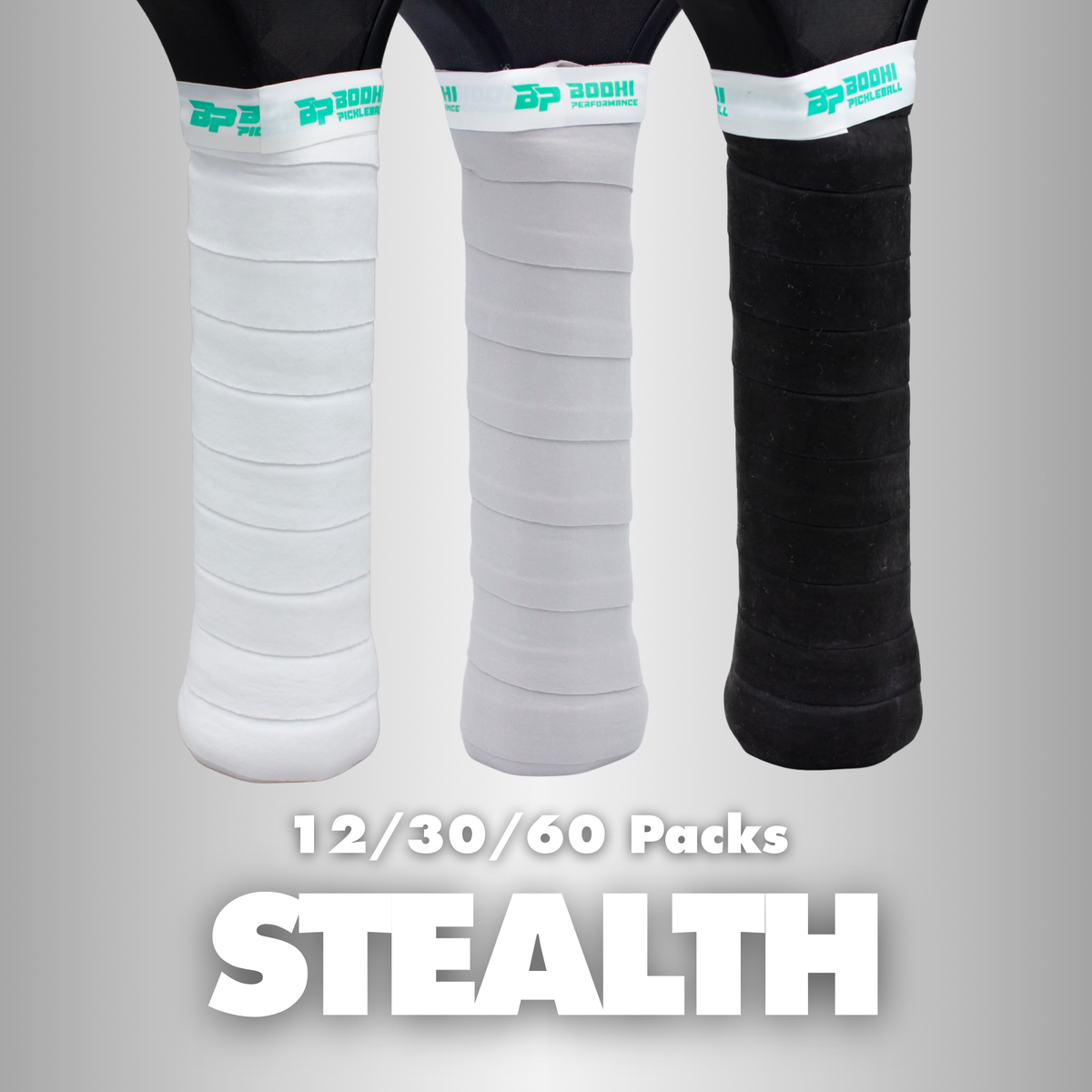 White, gray, and black DRYtack overgrips by BOOHI Performance, textured grip with teal logo band, displayed on racket handles in side view.