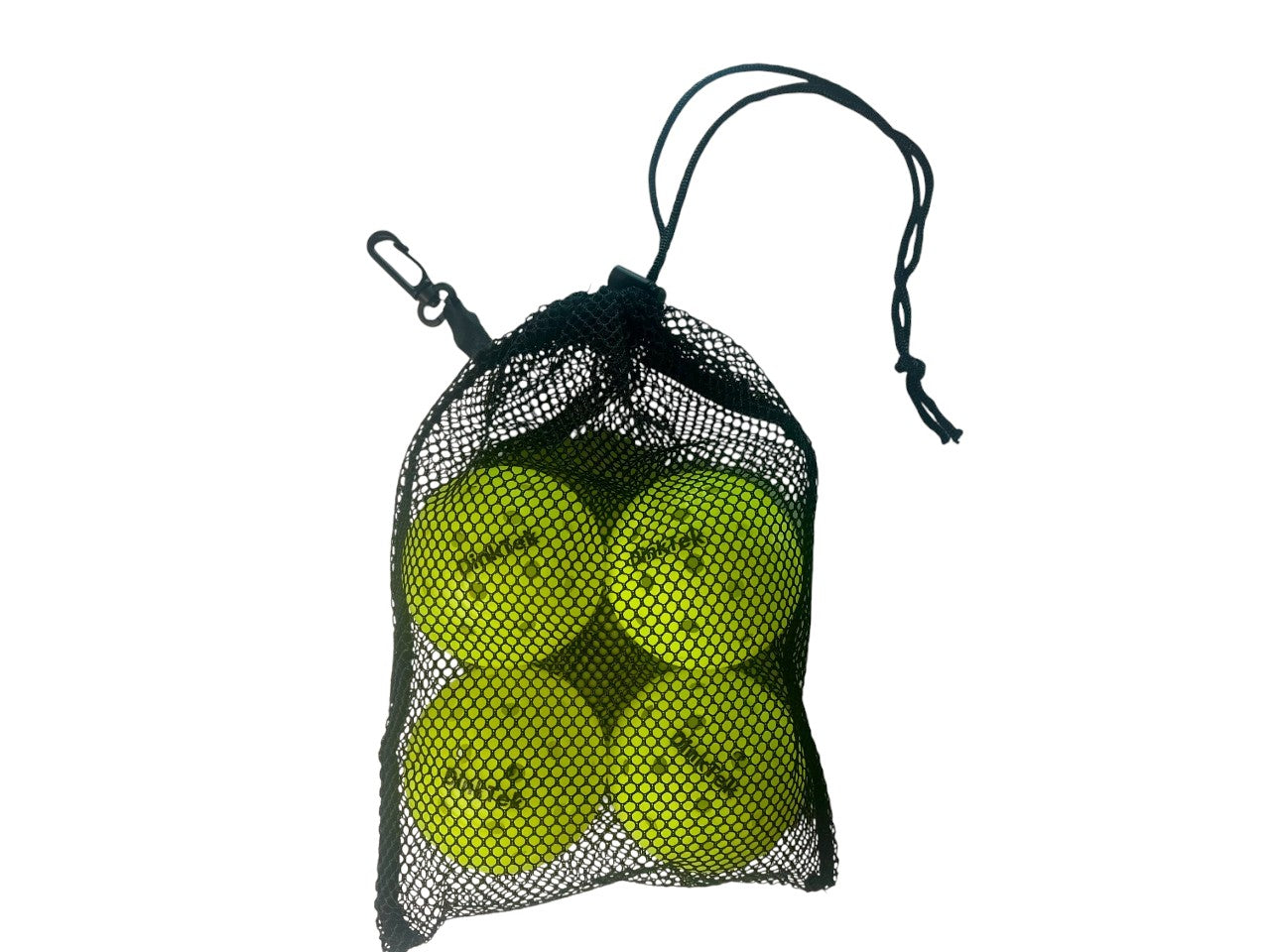 A black mesh bag filled with four yellow tennis balls, featuring a drawstring closure and a clip attachment.