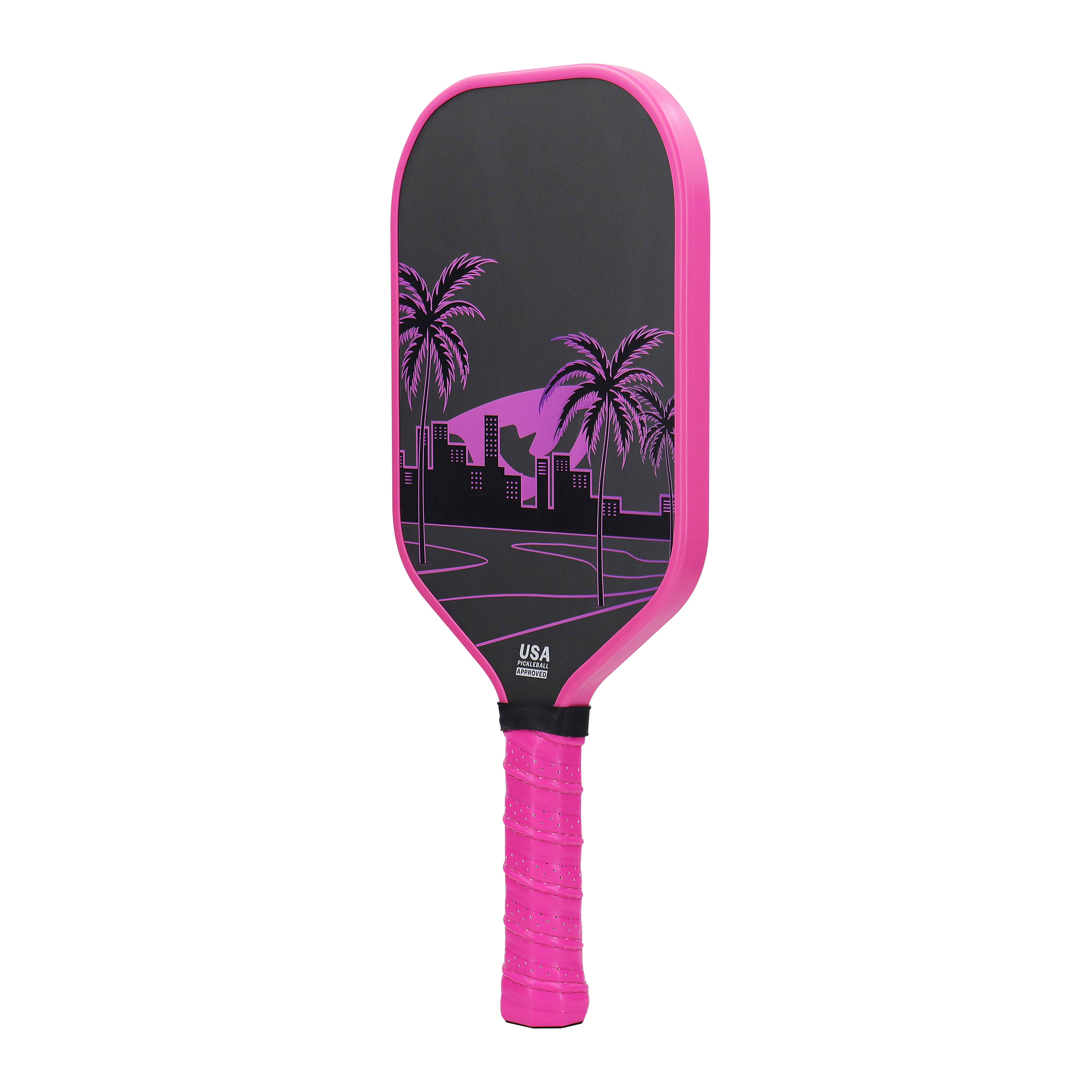 Pink and black pickleball paddle by KONDOR PICKLEBALL with a pink cityscape and palm tree graphic on the face and a textured handle.