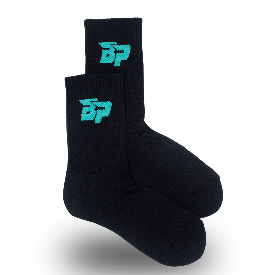 Two black unisex performance socks by Bodhi Performance, featuring a teal "BP" logo on the ankles, shown at an angle.