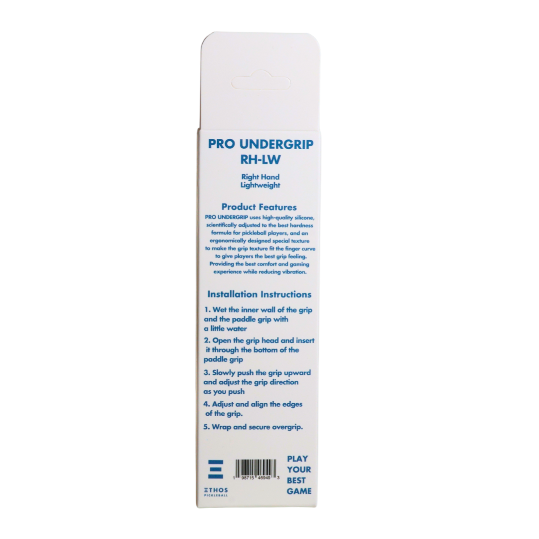 White paddle undergrip packaging for Right Hand Lightweight by Ethos Pickleball, showing blue text, product information, and a barcode.