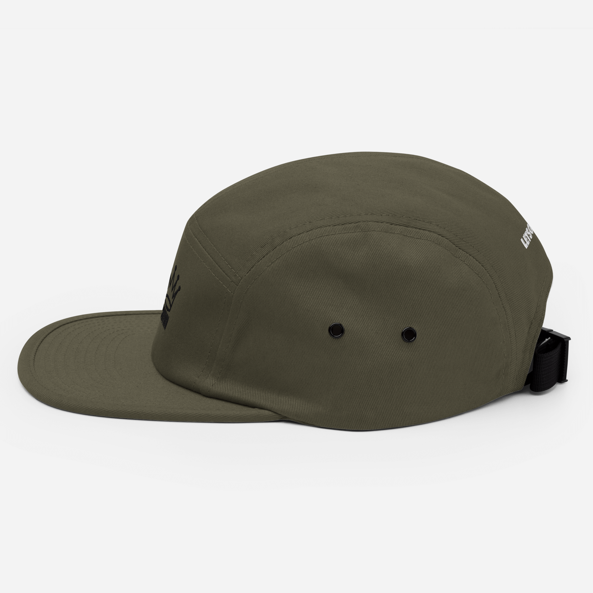 Olive green 5-panel cap, side view, black buckle, and embroidered logos.