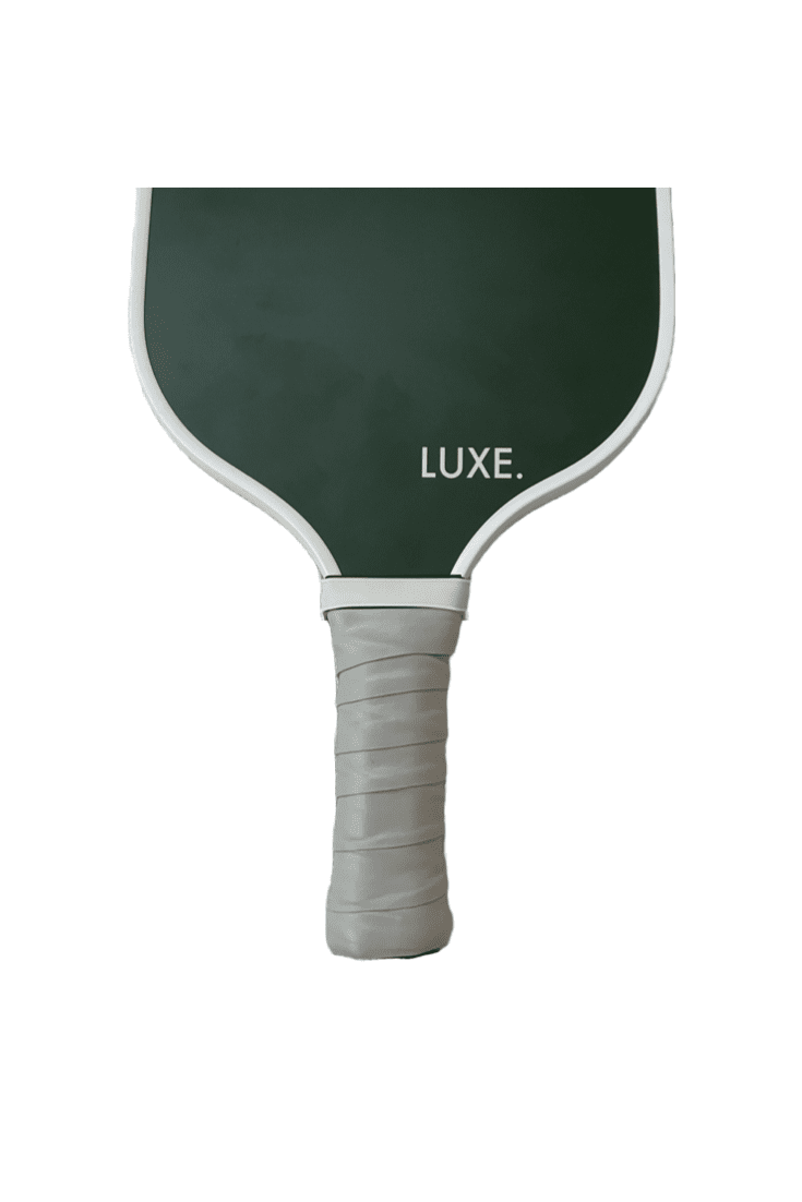 Pickleball paddle with grey handle and green face. "LUXE." is printed on the green paddle face.