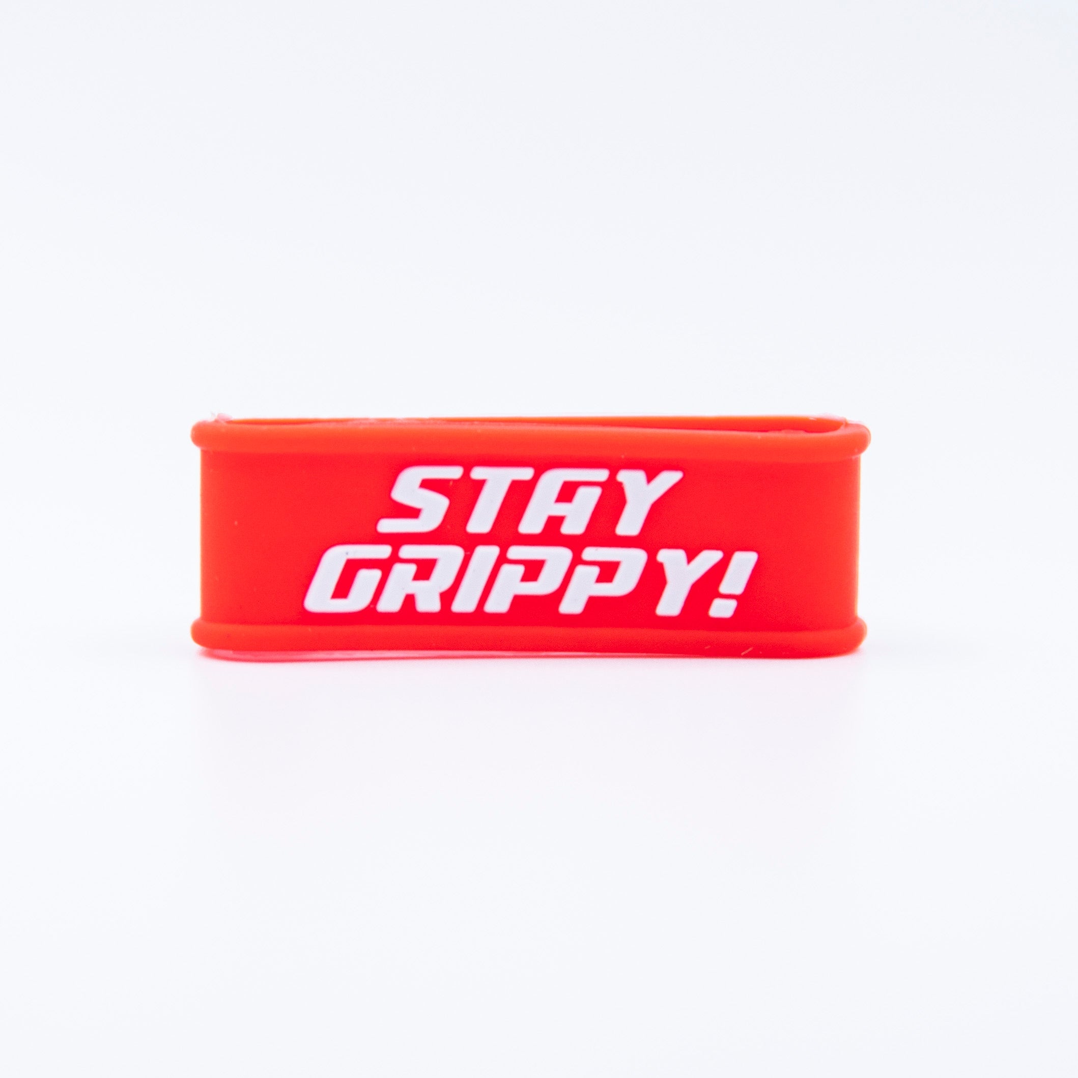 Red silicone band with "Stay Grippy!" in white.