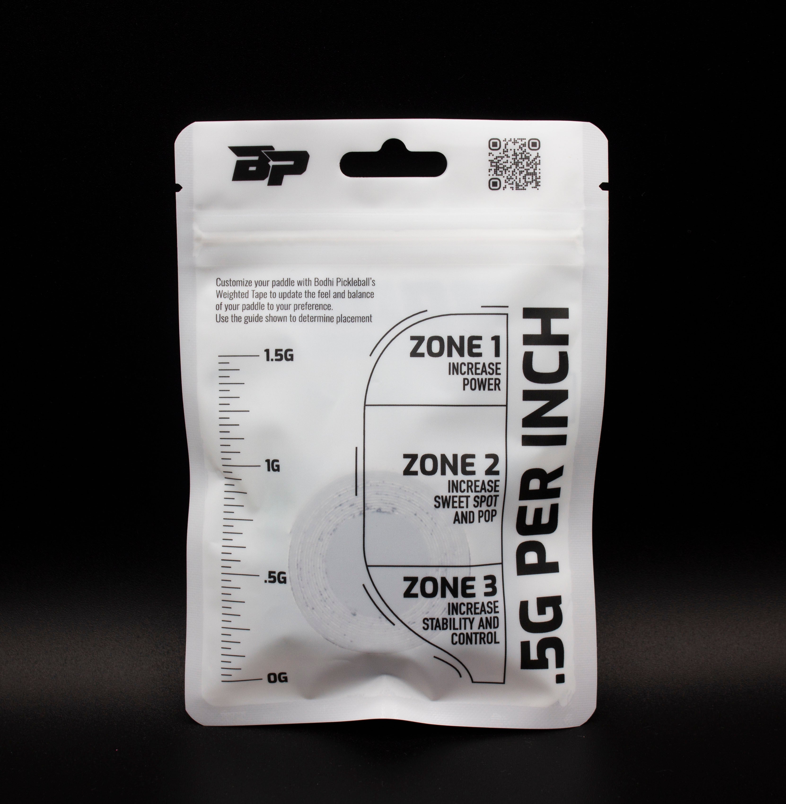 White PROtune™ pickleball weighted tape by Bodhi Performance, in a white package with clear window showcasing 0.5G per inch, and guide zones for power, sweet spot, and control.
