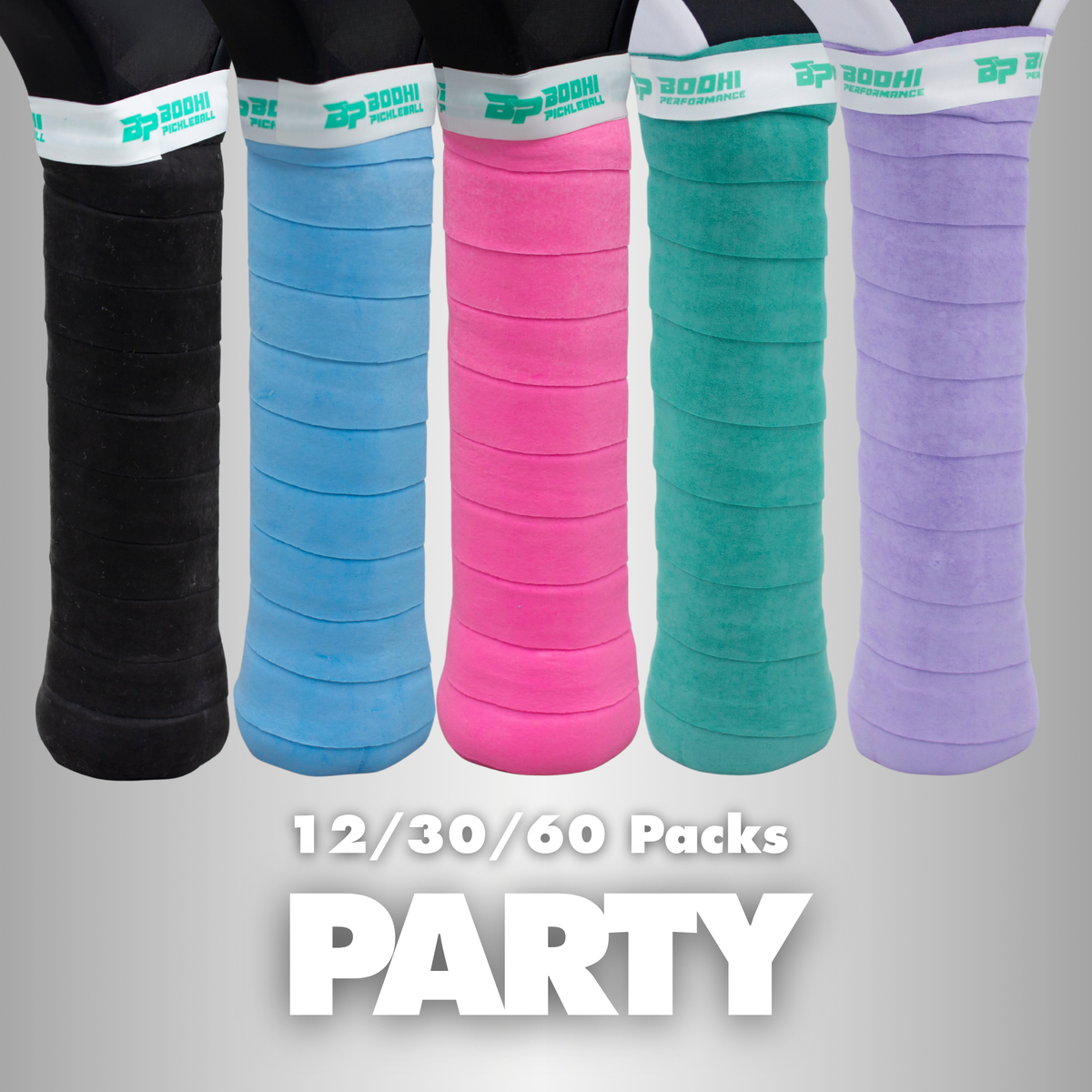 Colorful DRYtack overgrips by Bodhi Performance in black, blue, pink, teal, and purple, textured for grip, shown on racket handles in a row.