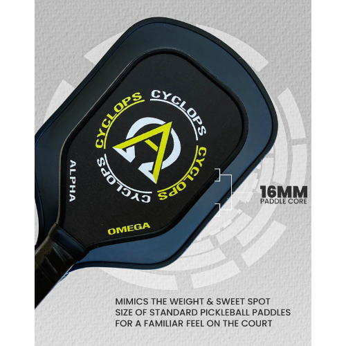 Close-up of a black Cyclops Alpha Omega pickleball paddle with a yellow logo.