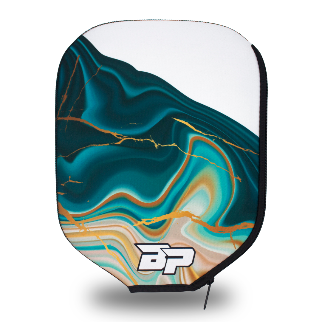 Teal and gold marble paddle cover by Bodhi Performance, with a white BP logo and black zipper.