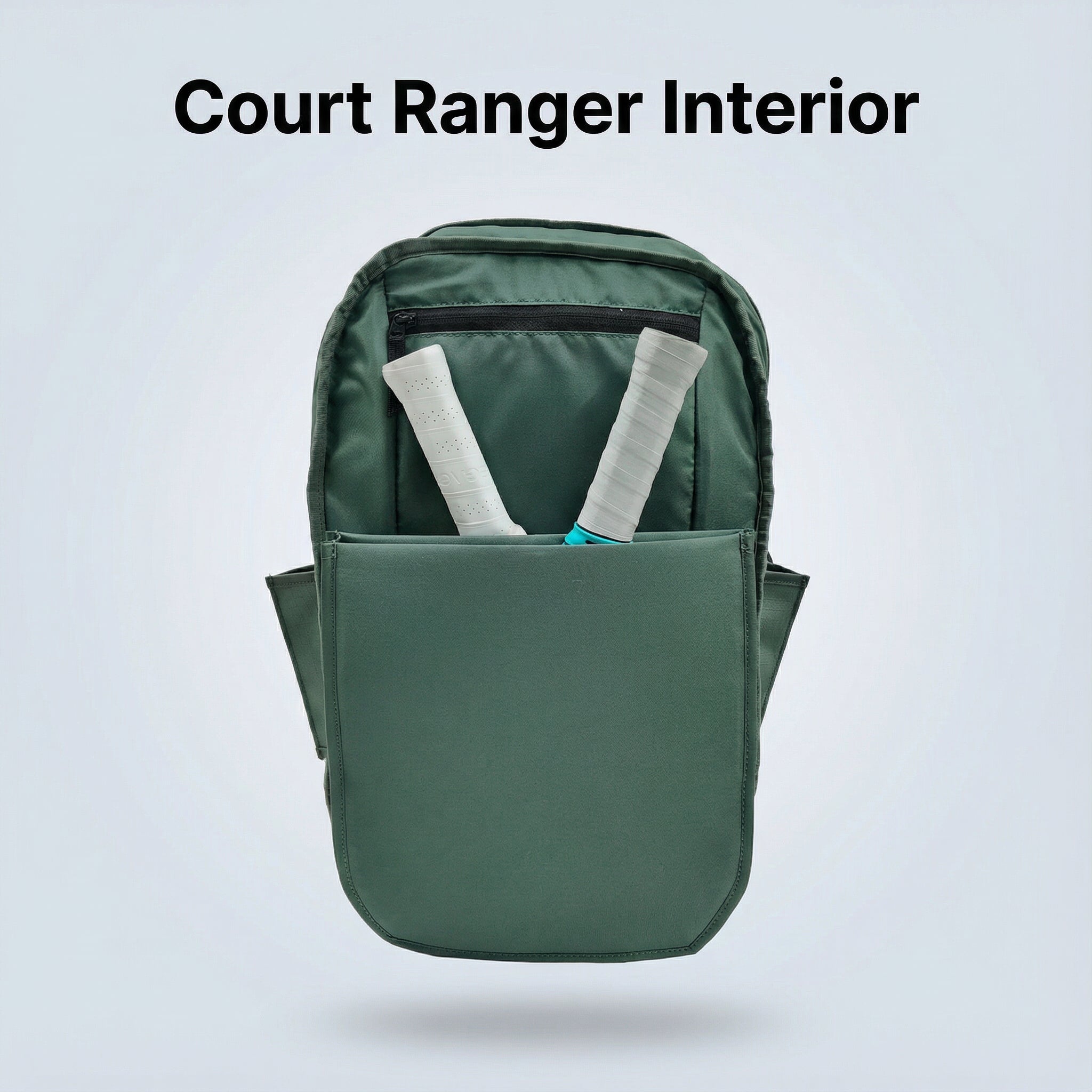 Dark green pickleball backpack by FORWRD, featuring an open interior holding two white paddle handles and a top zippered pocket.