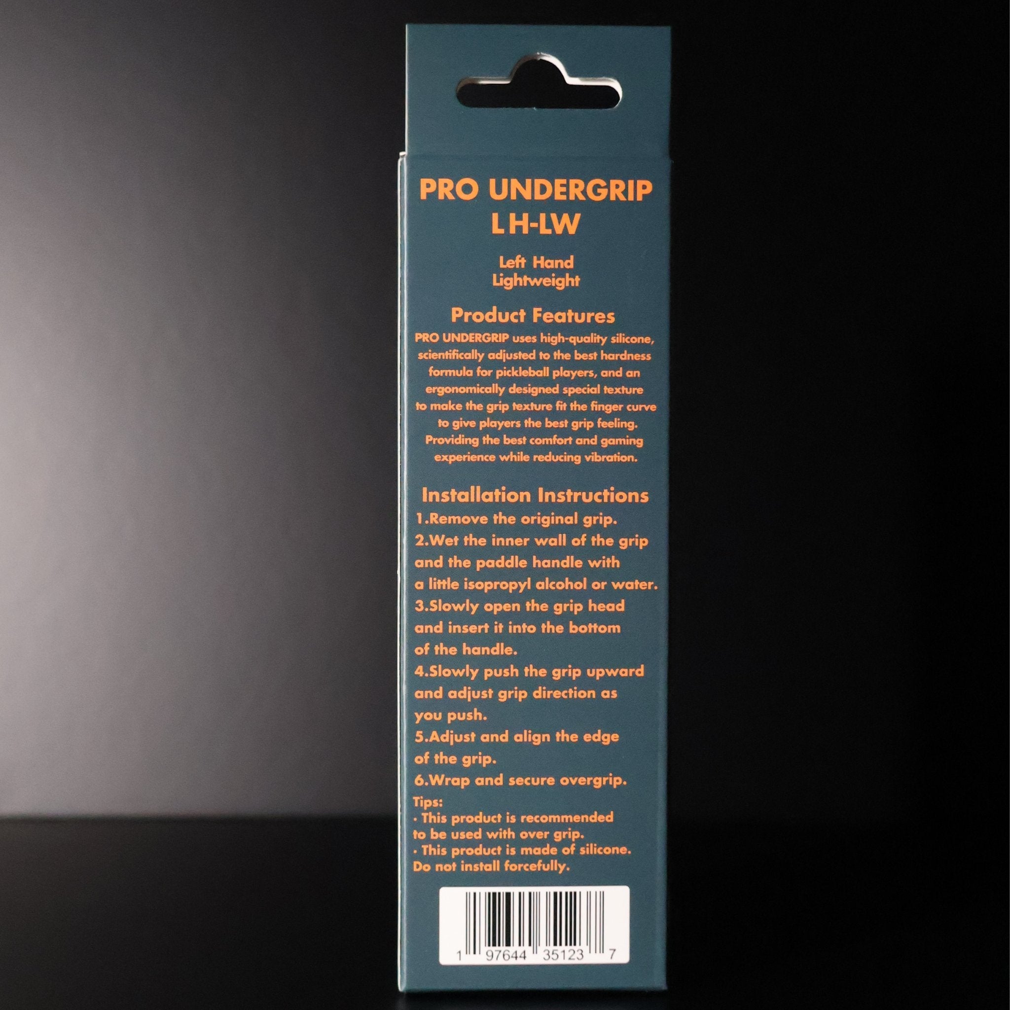 Left hand lightweight Pro Undergrip by Ethos Pickleball, in dark teal packaging with orange text displaying features and instructions.
