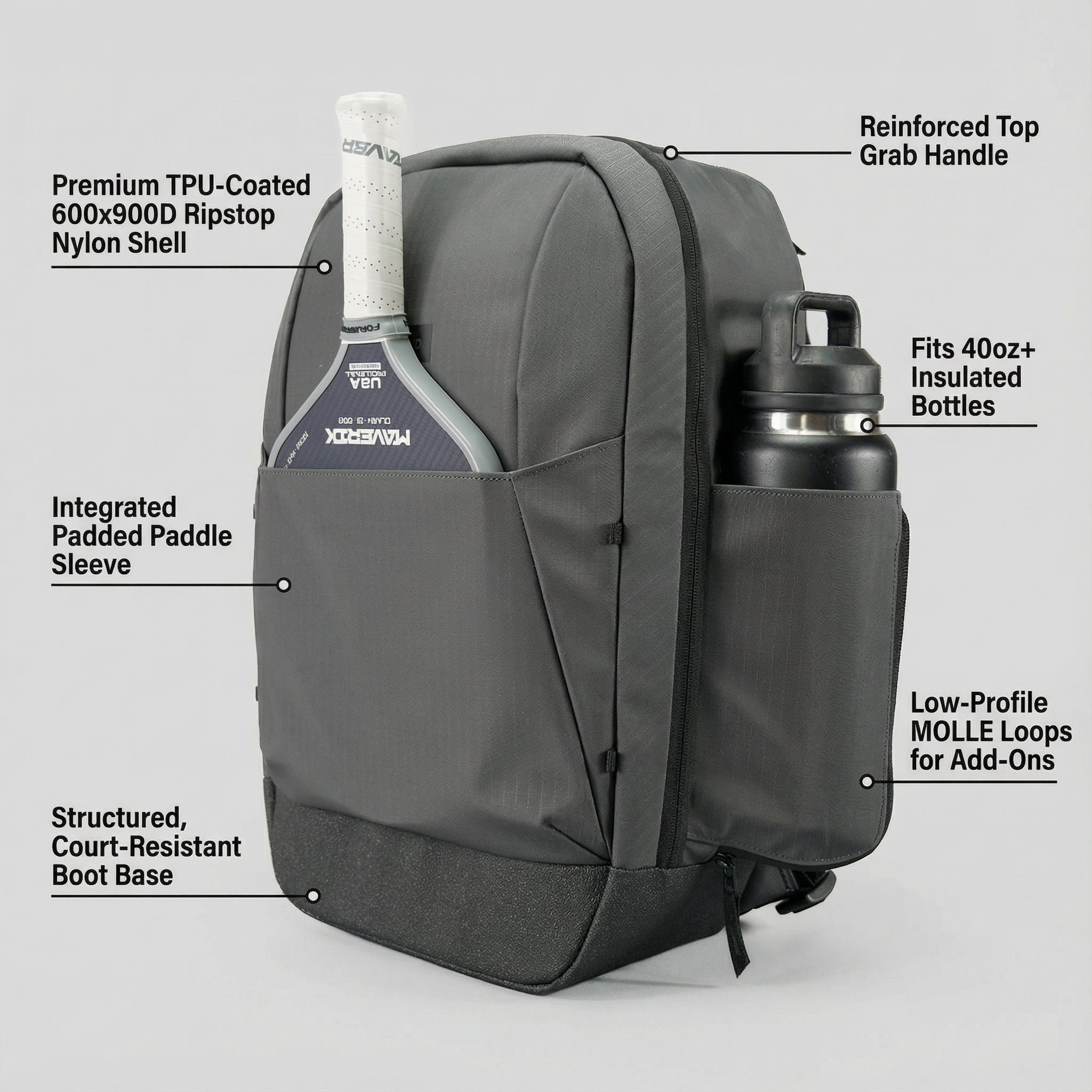 Gray ripstop nylon Court Ranger pickleball backpack by FORWRD, holding a pickleball paddle and a black water bottle, with a reinforced handle and structured boot base.