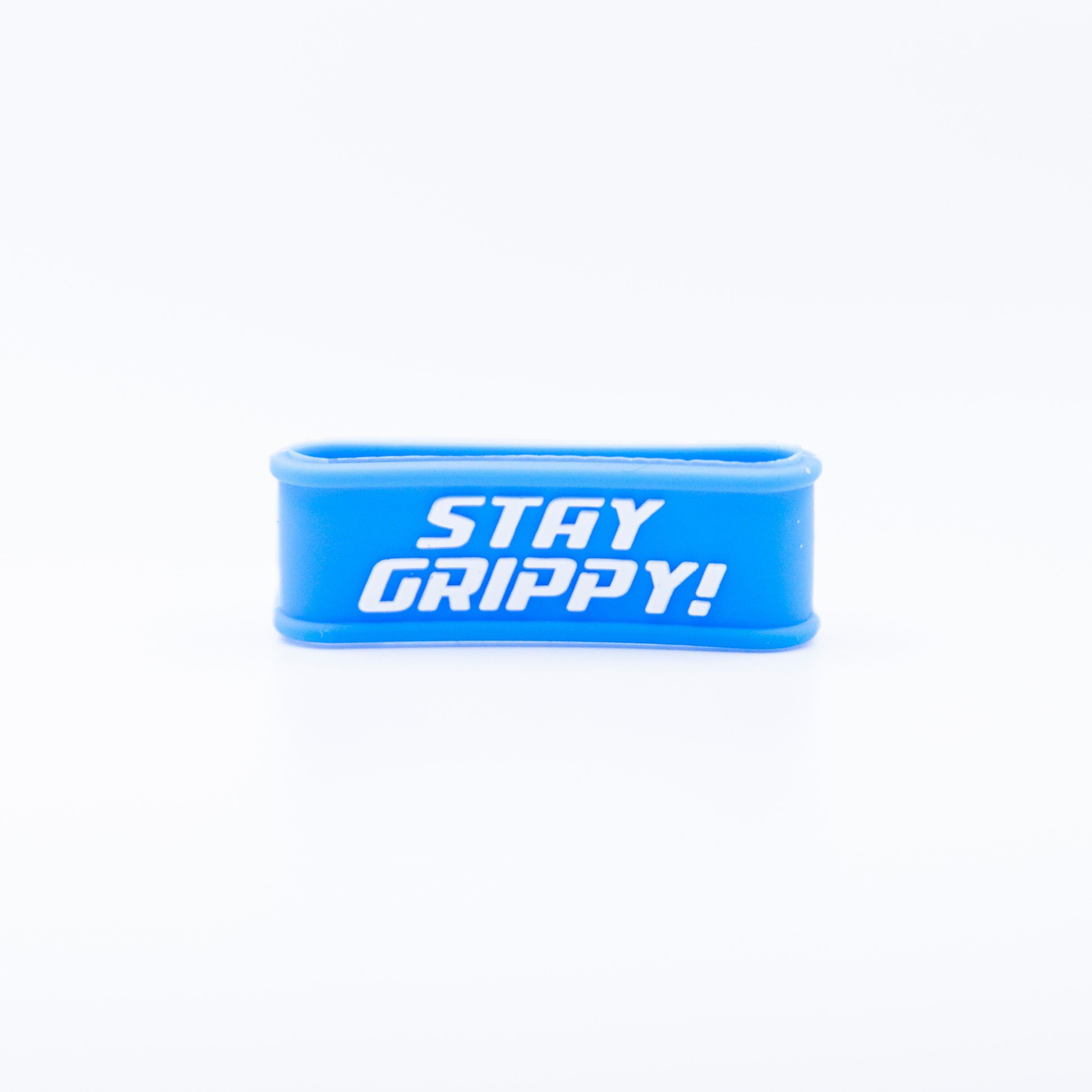 Blue rubber wristband with white "Stay Grippy!" text.