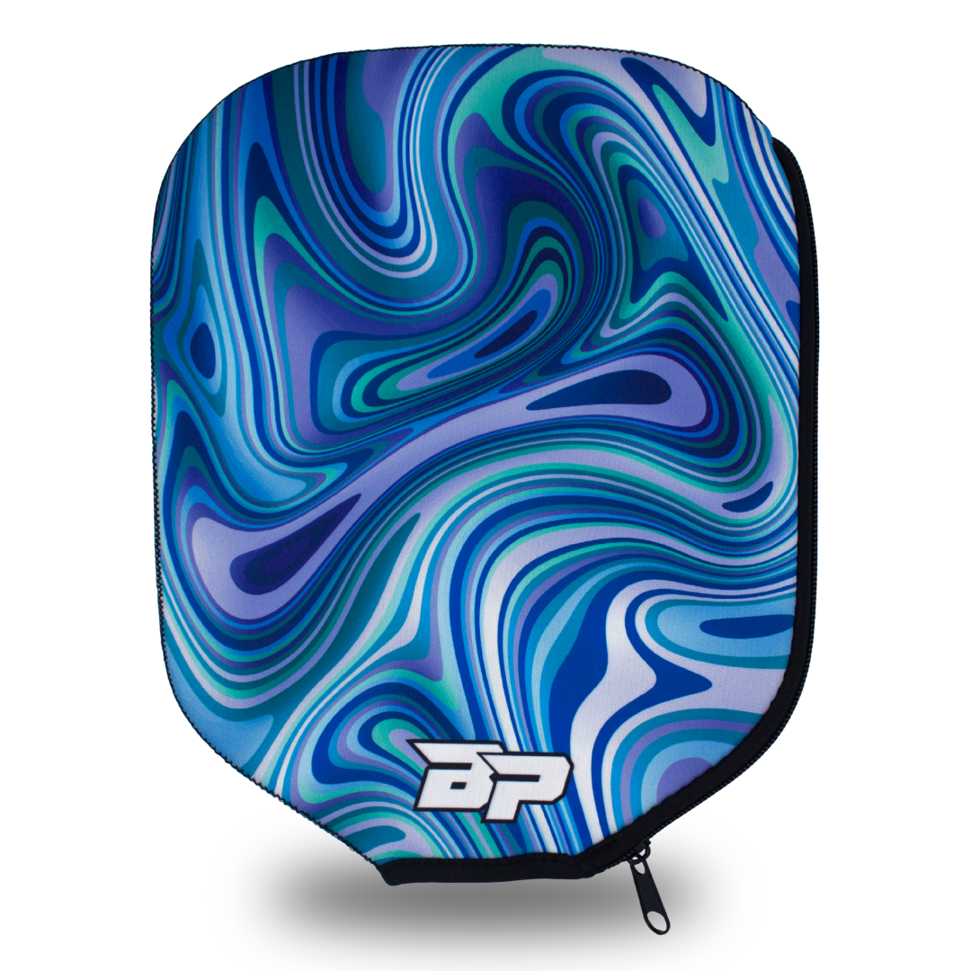 Paddle cover with a swirling blue, purple, and green pattern by Bodhi Performance, featuring a white BP logo, black zipper, and trim.