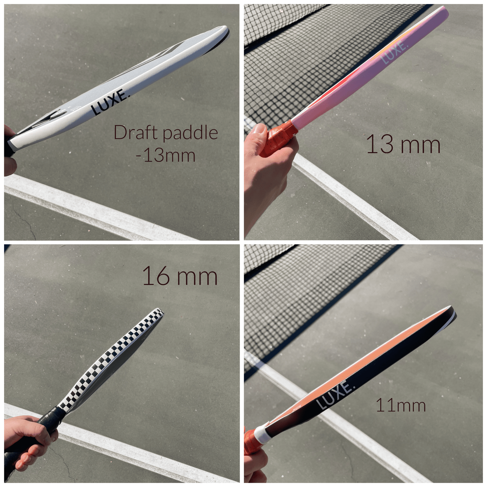 Four pickleball paddles of varying thicknesses.