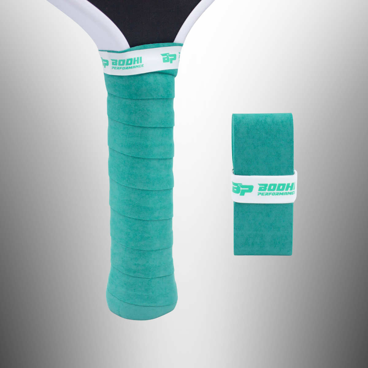 Teal textured overgrip by Bodhi Performance with white band and logo, shown wrapped on racket handle and rolled.