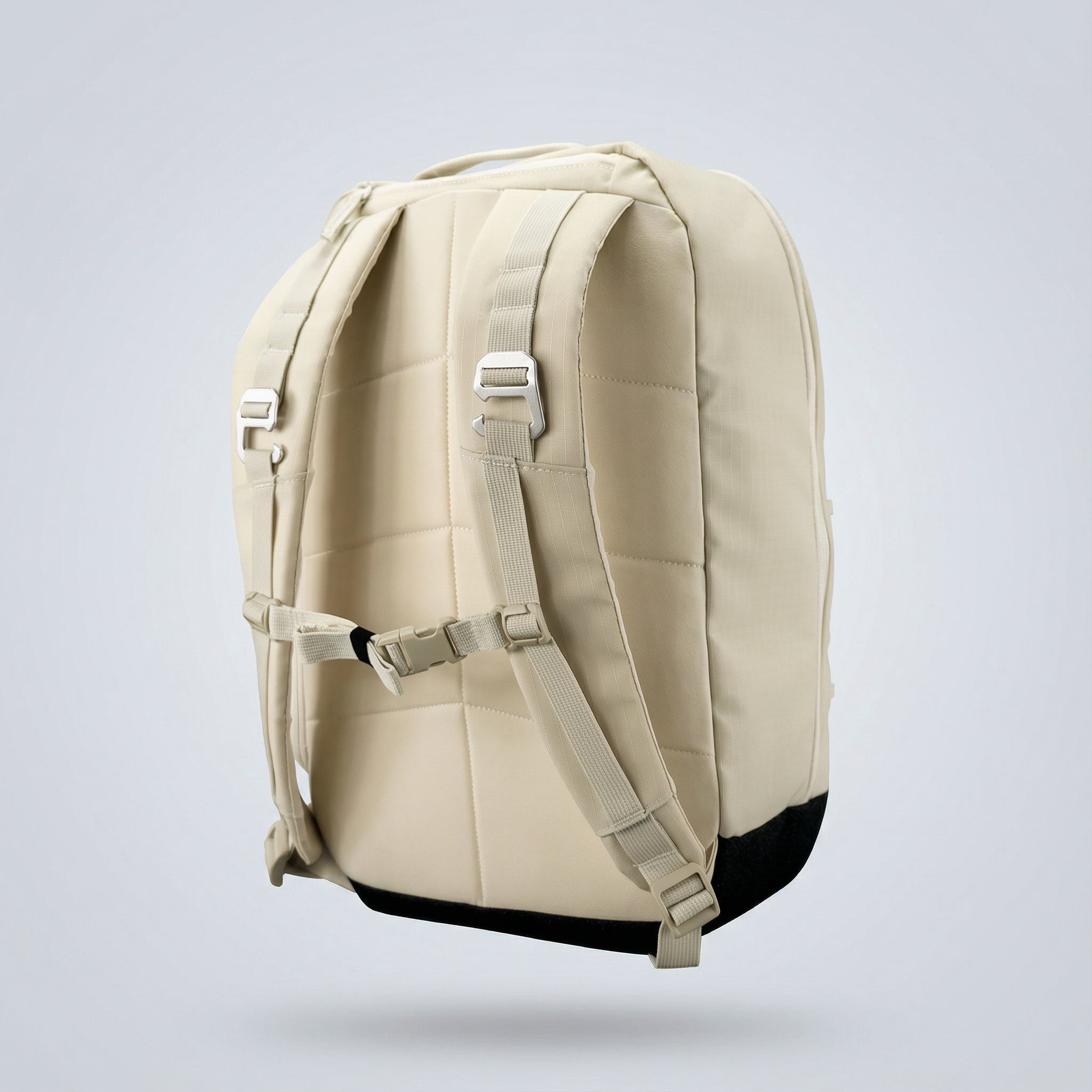 Beige fabric Pickleball Backpack by FORWRD, back view, with padded shoulder straps, a quilted panel, and a bottle opener.