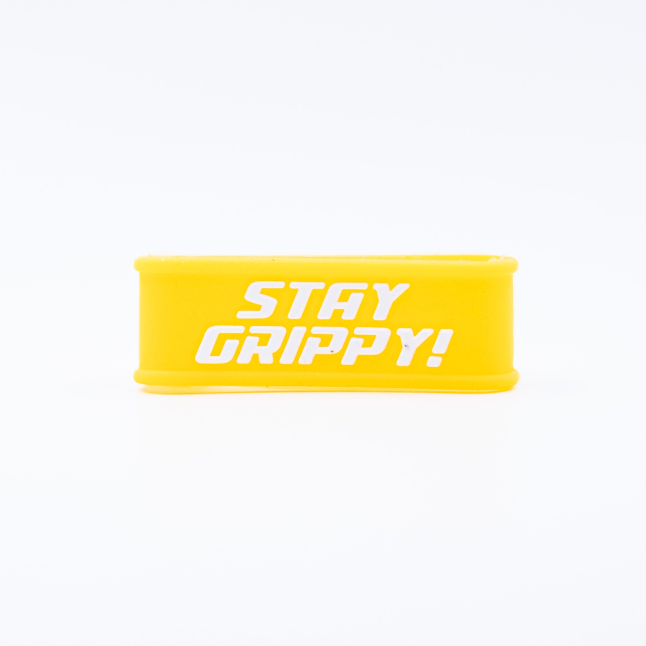 Yellow wristband with white "STAY GRIPPY!" text.